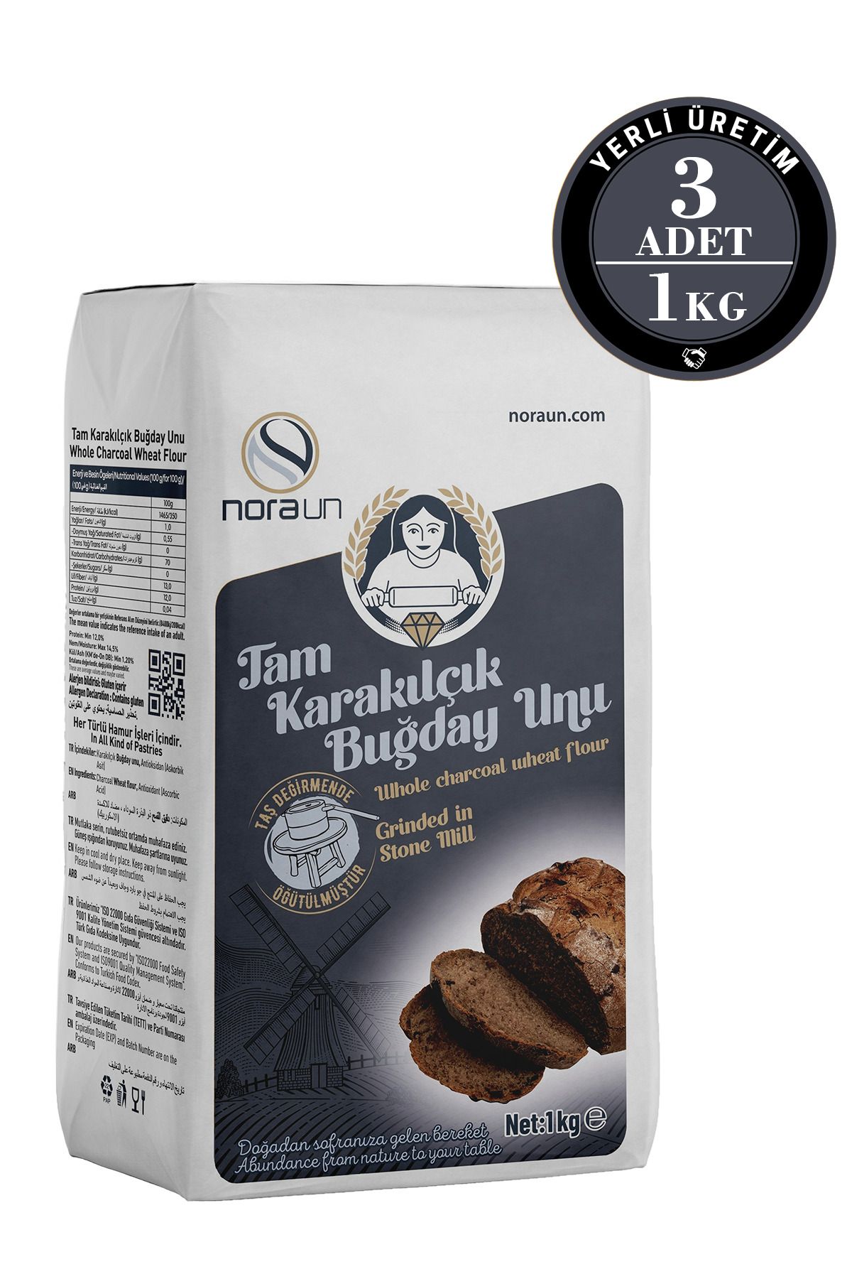 NORA UN Tam Karakılçık Buğday Unu 1 Kg 3 Adet (VEGAN)