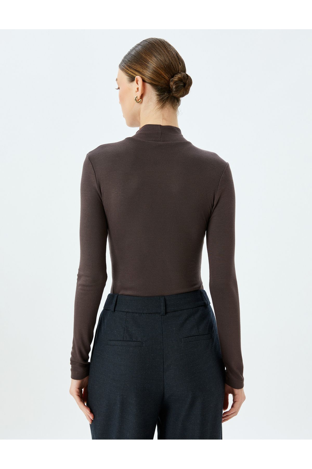 Koton-Slim Fit Bottom Snap Button Closure Stand Collar Viscose Long Sleeve Bodysuit 4