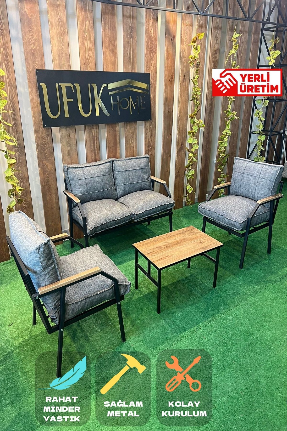 UFUK HOME Linda 2+1+1 Sehpalı Koltuk Takımı, Balkon Mobilyası, Oturma Odası Mobilyaları, Metal Kanepe Takımı