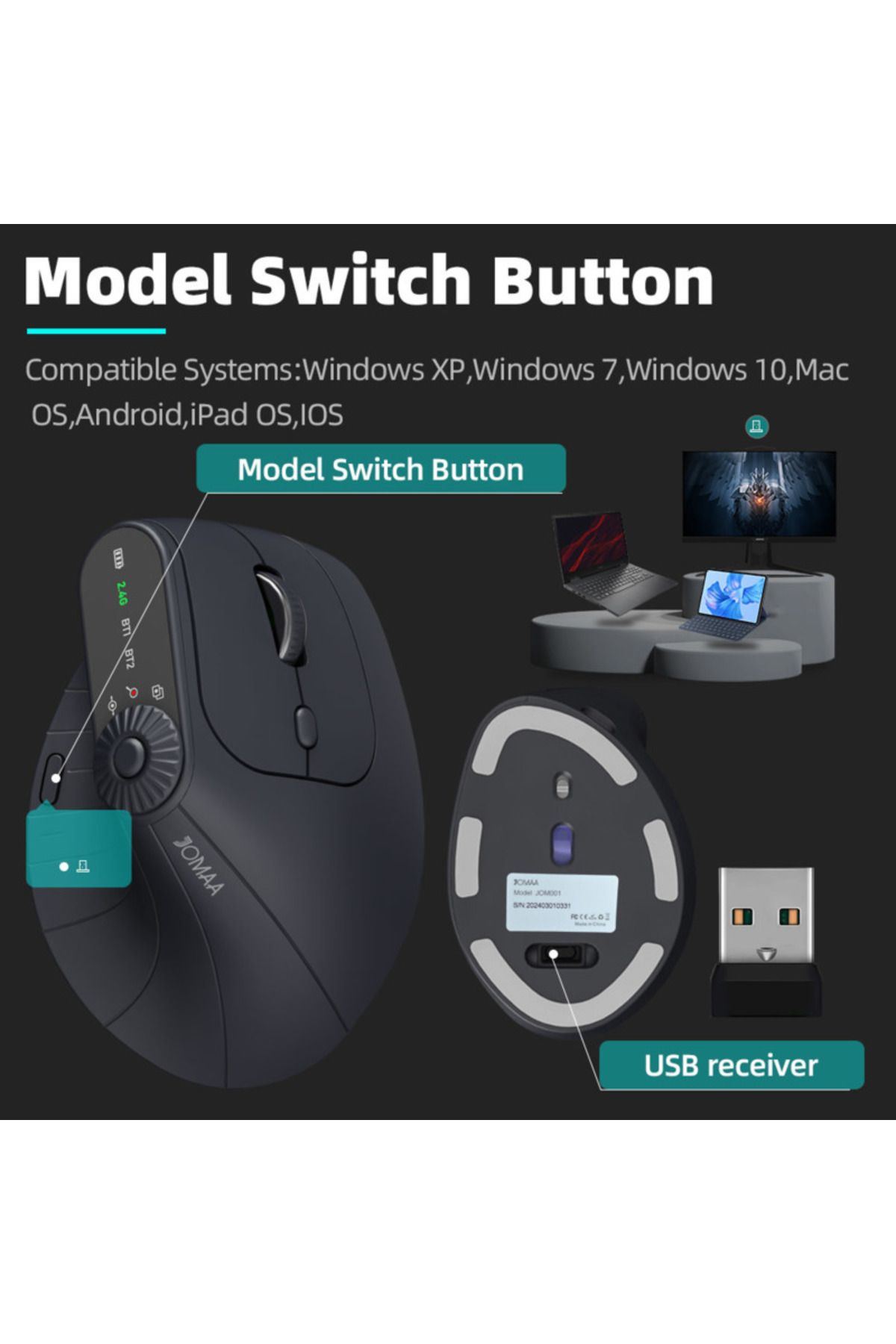 Choice-Multi-Device Vertical Ergonomic Mouse With Function Adjustment Kno Rechargeable 2.4G Bluetooth Wi... 7