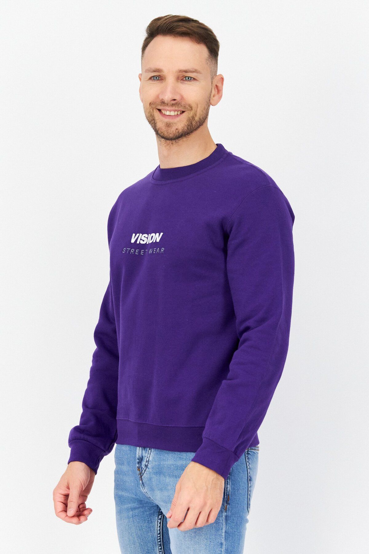 Vision Street Wear-Men Crew Neck Long Sleeve Embroidered Logo Sweatshirt, Purple 4