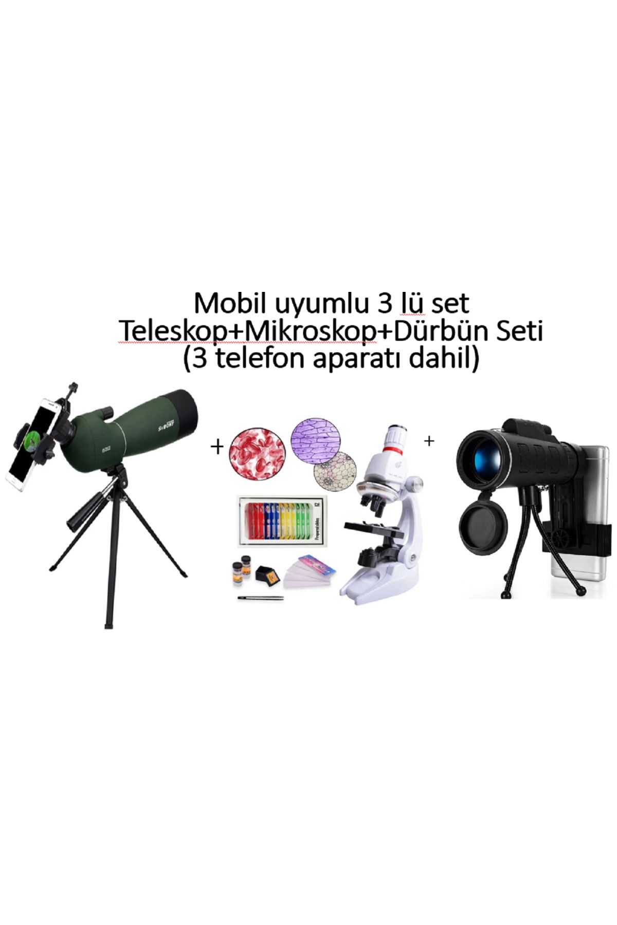 lizer Mobil uyumlu 3 lü set Kaliteli Teleskop+Mikroskop+Dürbün Seti (3 telefon aparatı dahil)-Su geçirmez