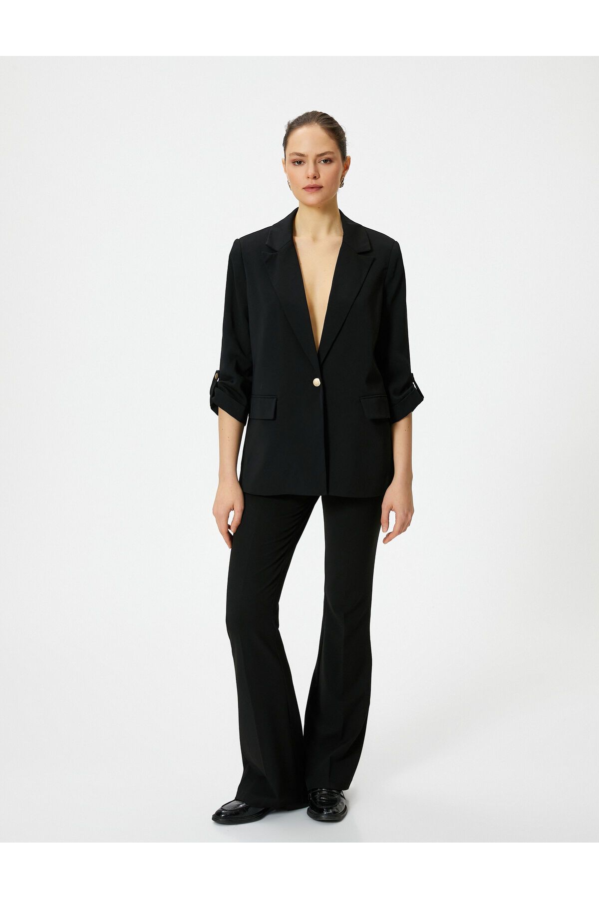 Koton-Gold Blazer Jacket - Single Button, Flap Pockets and Folded Sleeves 2