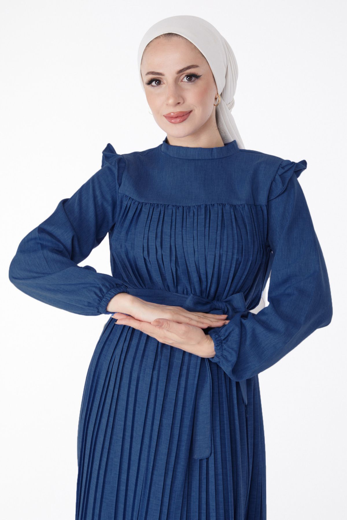 TOFİSA-Women's Straight Magnifying Collar Dark Navy Long Sleeve Shoulder Ruffle Pleated Dress - 24430 2