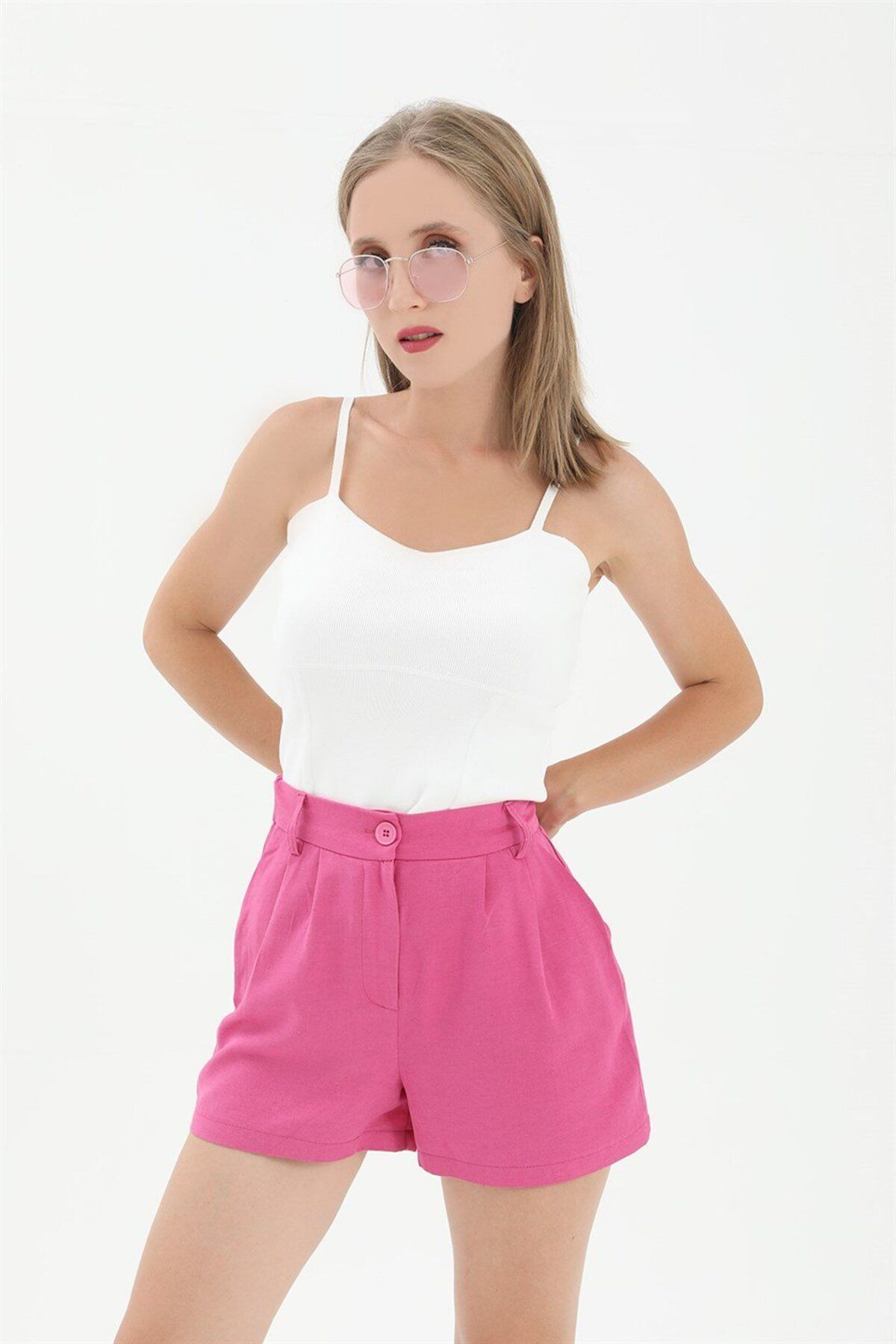VAPUR Pantaloni Scurți Din In Fucsia - Talie Înaltă, Cu Pliuri În Față Și Talie Elastică La Spate Femeie - S