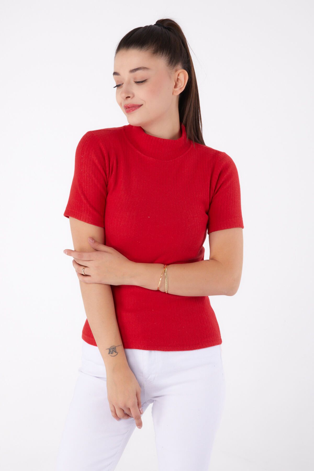 TOFİSA-Straight Half Turtleneck Women's Red Short Sleeve Blouse - 26315 3