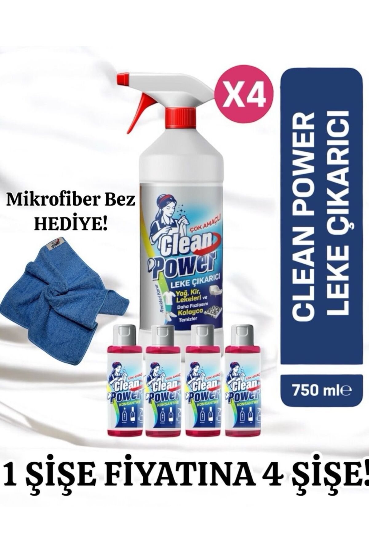 CLEANPOWER Çok Amaçlı Leke Çıkarıcı 4'lü Konsantre Paket Mikrofiber Bez Hediyeli