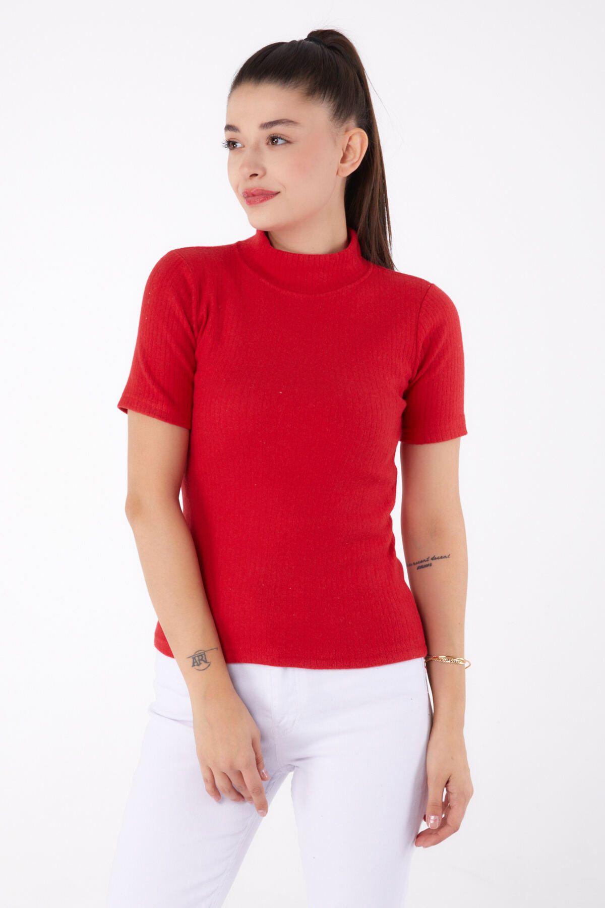 TOFİSA-Straight Half Turtleneck Women's Red Short Sleeve Blouse - 26315 2