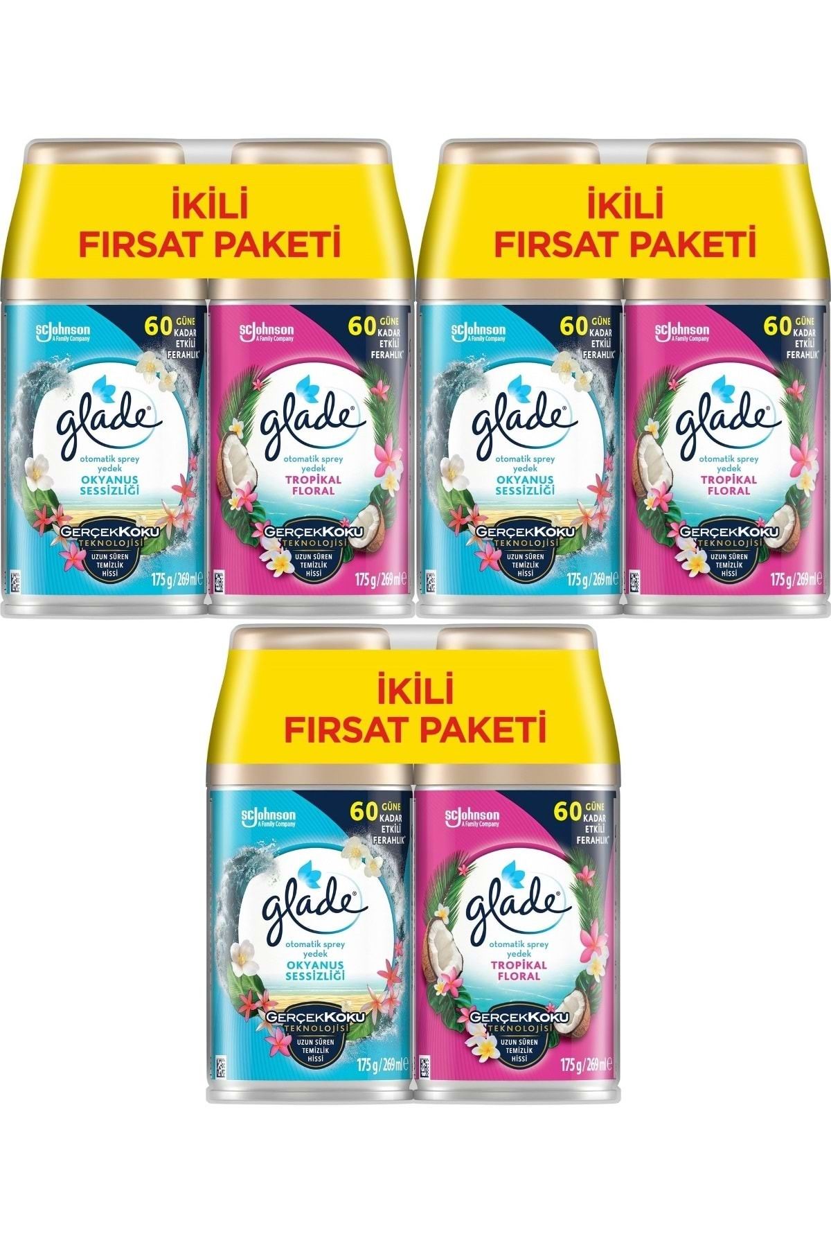 Glade Oda Kokusu Otomatik Sprey Yedek 269ML (6 Lı Set) Okyanus Sessizliği ve Tropikal Floral (3PK*2)