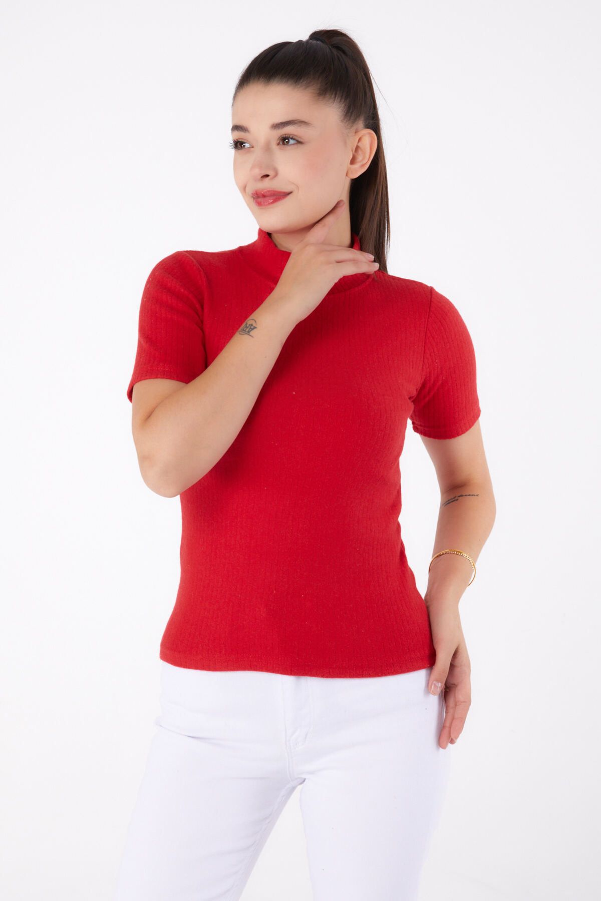 TOFİSA-Straight Half Turtleneck Women's Red Short Sleeve Blouse - 26315 1