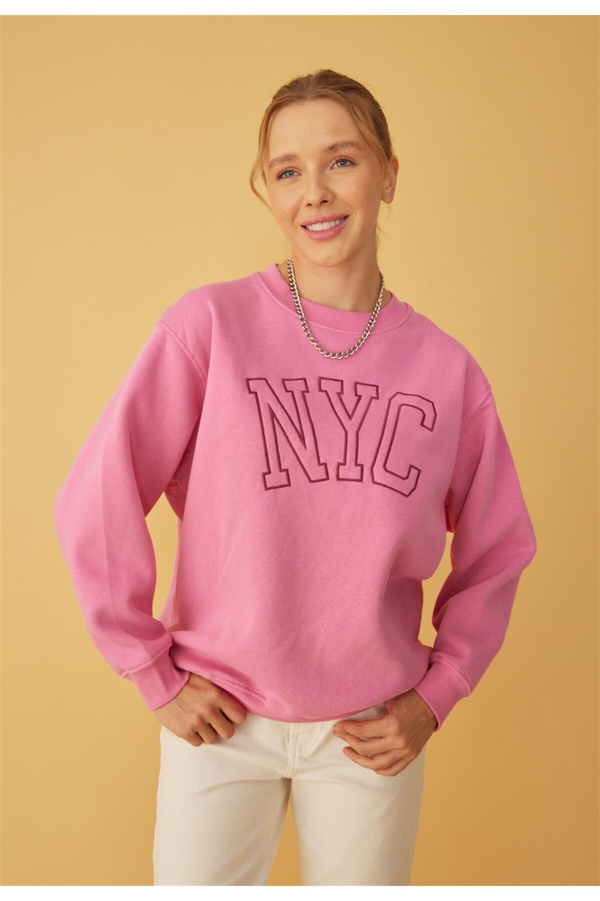 TUBİA  Kadın Pembe Renk Nyc Baskılı Oversize Sweatshirt - Görsel 4