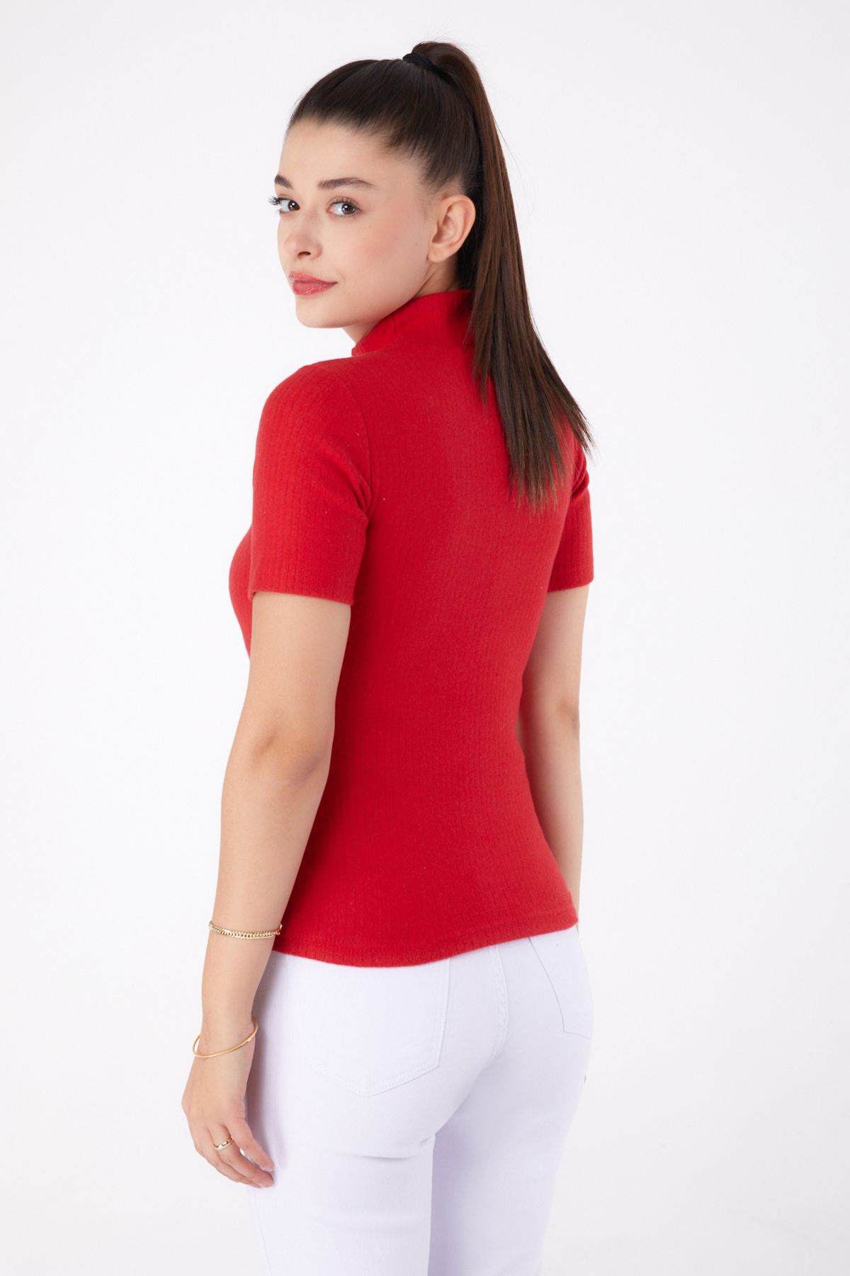 TOFİSA-Straight Half Turtleneck Women's Red Short Sleeve Blouse - 26315 5