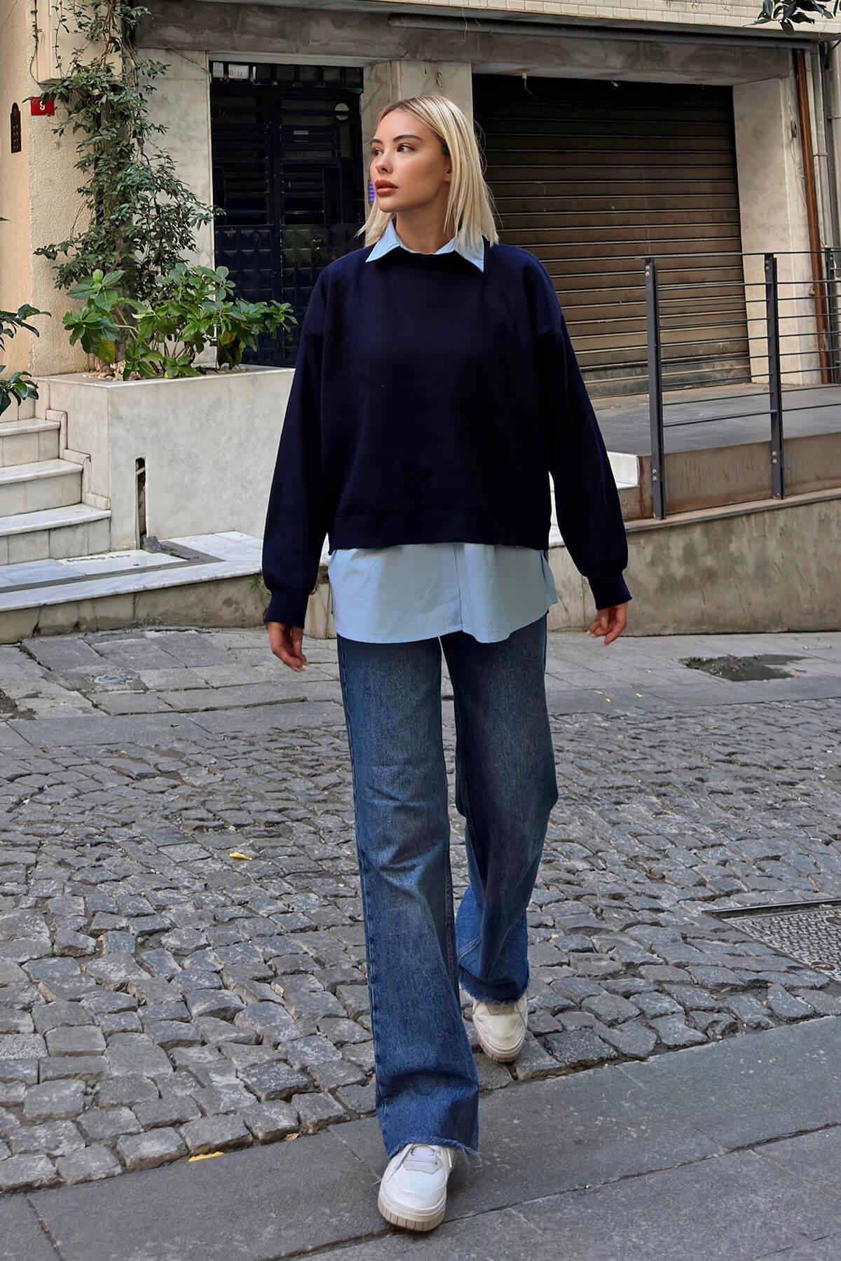 Swist  Lacivert Gömlek Garnili Basic Örgü Kadın Triko Kazak - Görsel 2