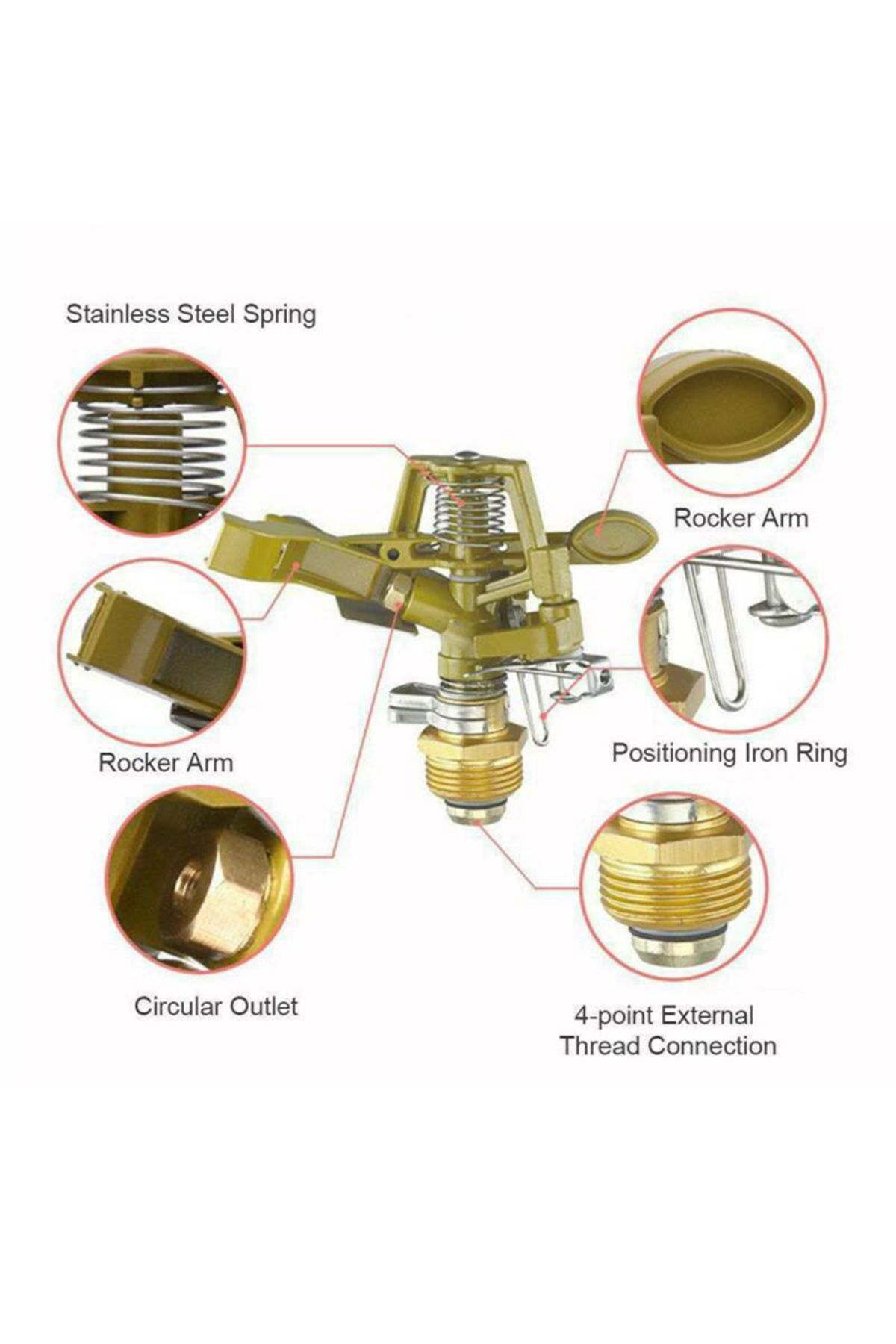 Shunmaii-4pcs Rocker Arm Sprinkler Nozzle 360° Rotating Watering Sprayer 1/2" Thread Metal Impulse Sprinkl... 5