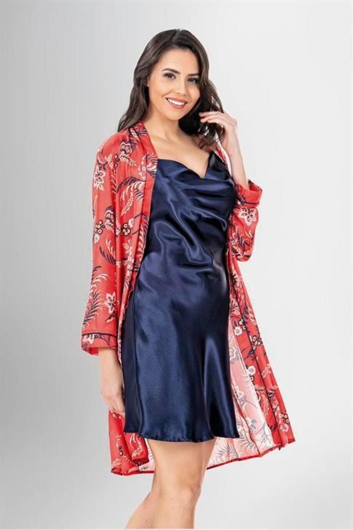 Motto10butik-Patterned Short Dressing Gown Set of 2 1