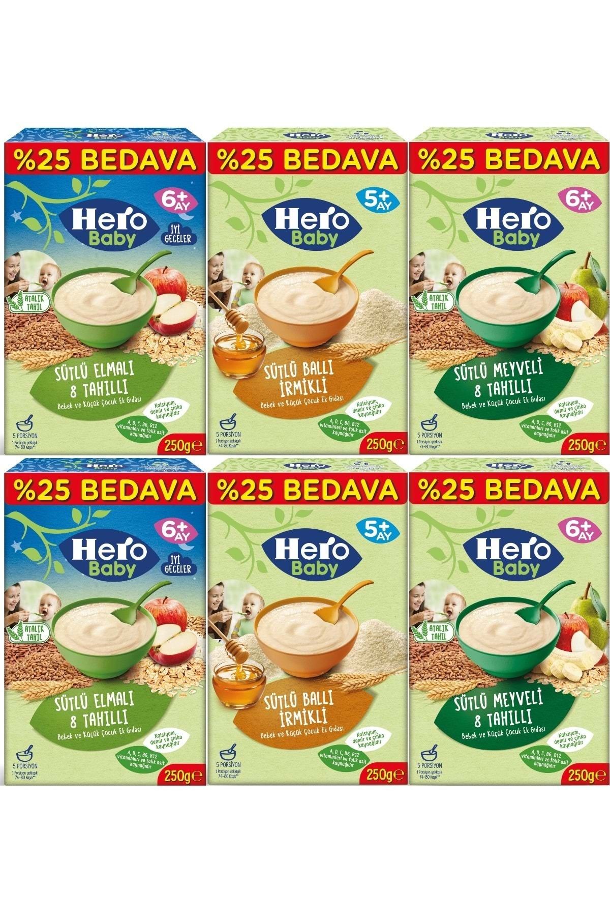 غذای قاشقی Hero Baby 250GR (مخلوط 6 تایی) میوه شیری - سیب 8 دانه - سمولینا عسلی