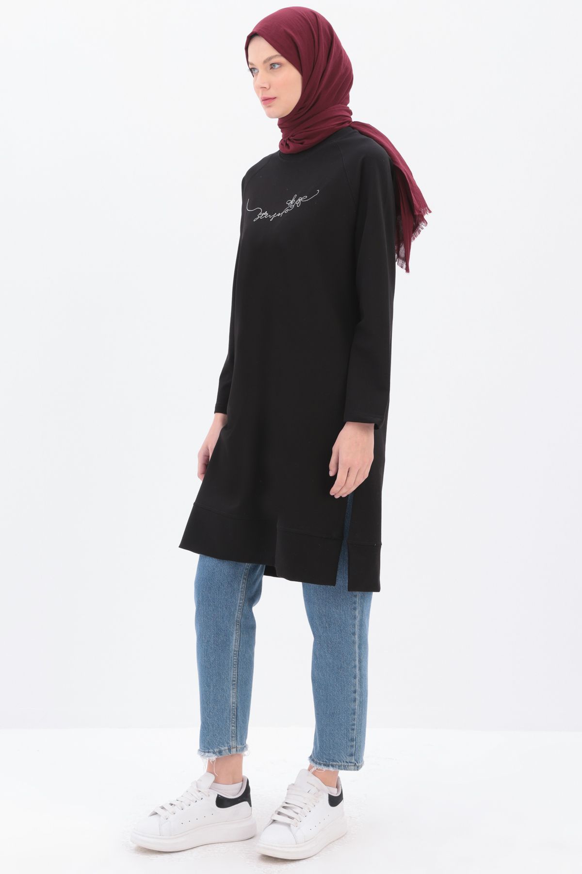 ALLDAY-Black Chain Embroidered Side Slit Tunic 3