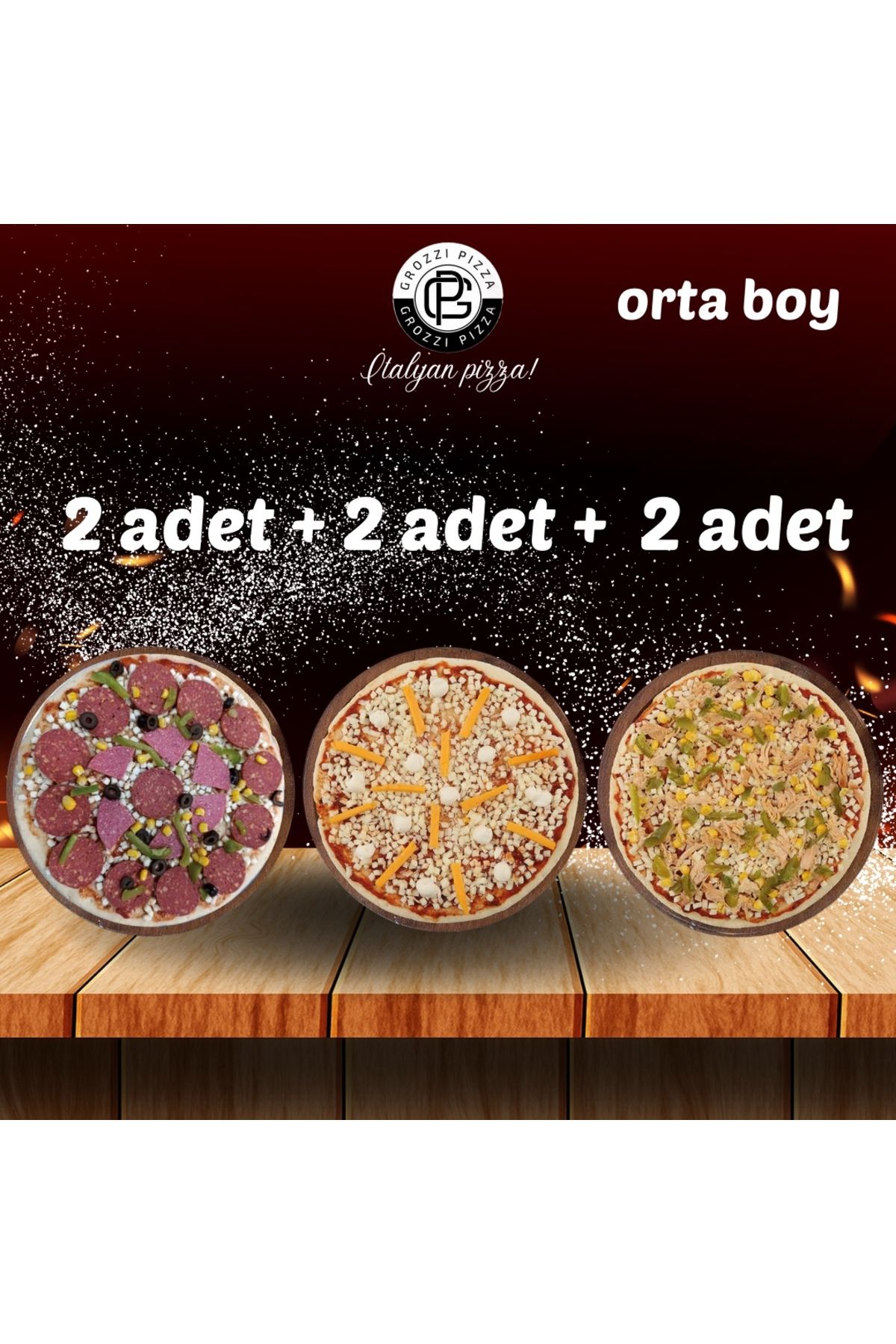 GROZZI KARIŞIK PİZZA 2 ADET 770 GRAM, TAVUKLU PİZZA 2 ADET 788 GRAM, ÜÇ PEYNİRLİ PİZZA 2 ADET 690 GRAM