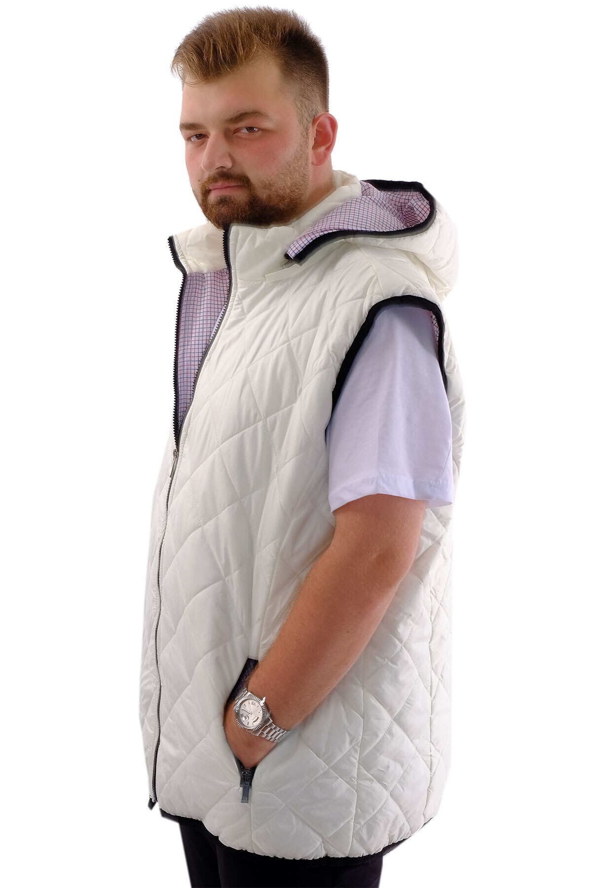 ModeXL Mode XL Büyük Beden Erkek Çıkan Kapüşonlu Kapitone Yelek U24704 Ekru görsel 2