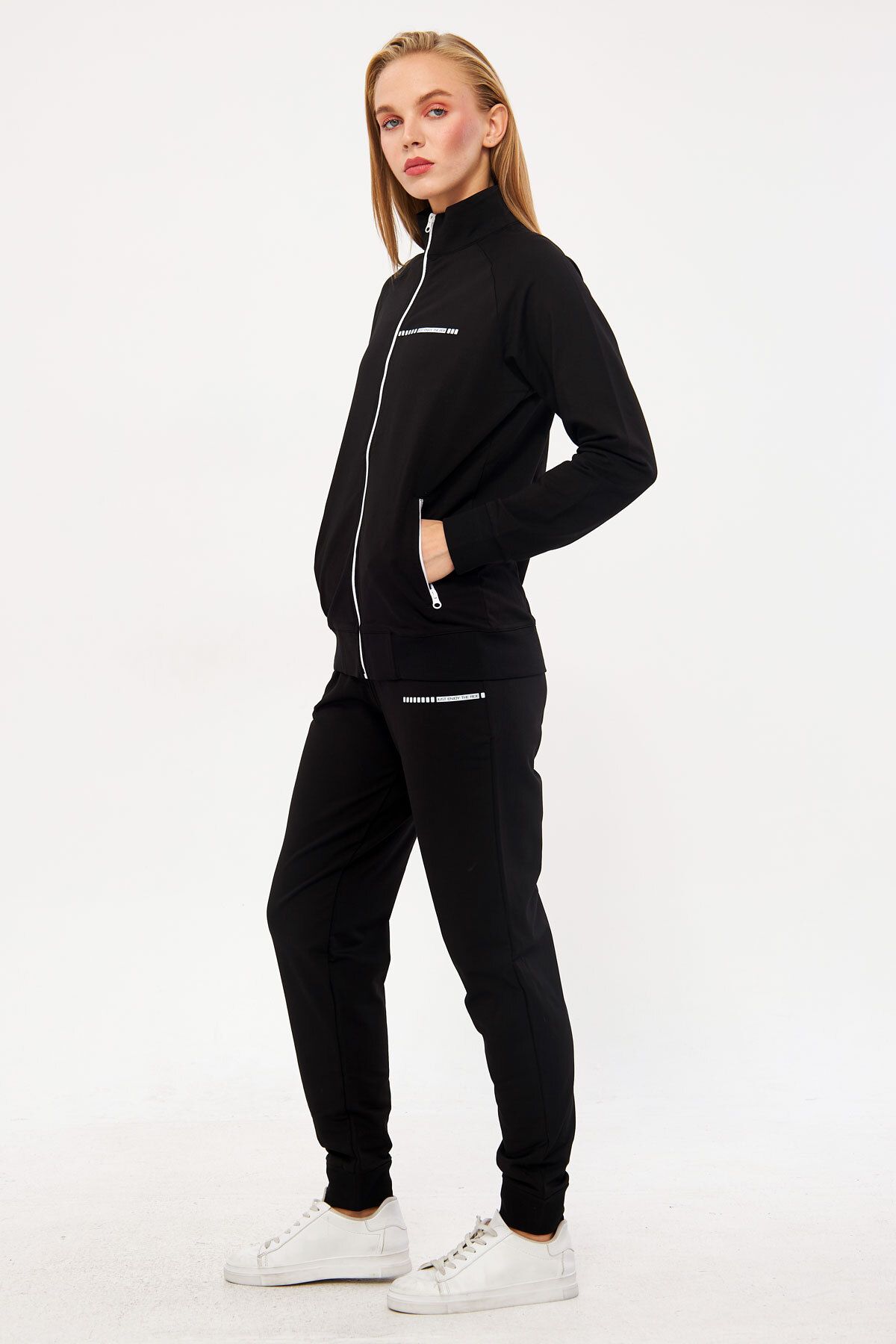 TRENDHİLL-Black Women's Half Turtleneck Ribbed Leg Neck Zippered Two Thread Tracksuit Set Edy5532S 3