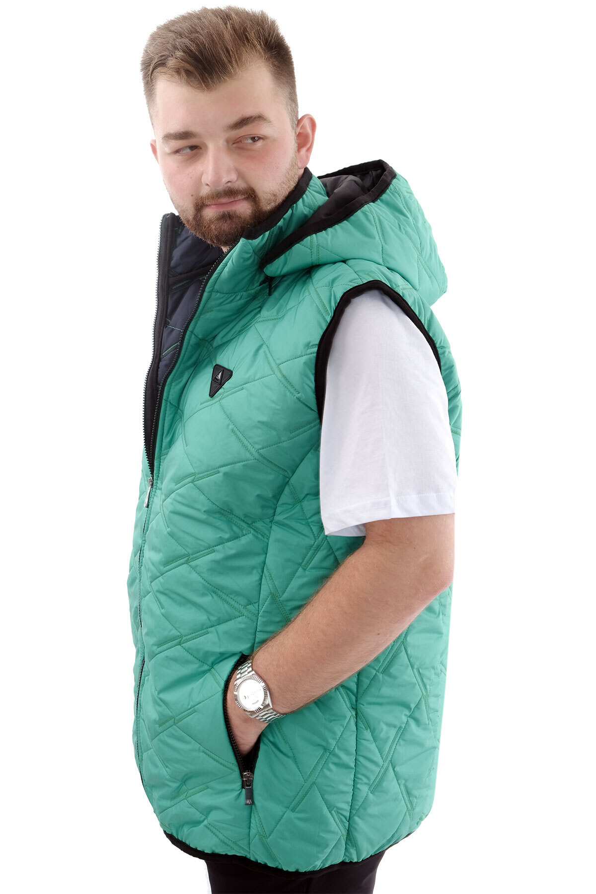 ModeXL Mode XL Büyük Beden Erkek Fermuarlı Kapüşonlu Şişme Yelek U24705 Yeşil görsel 4