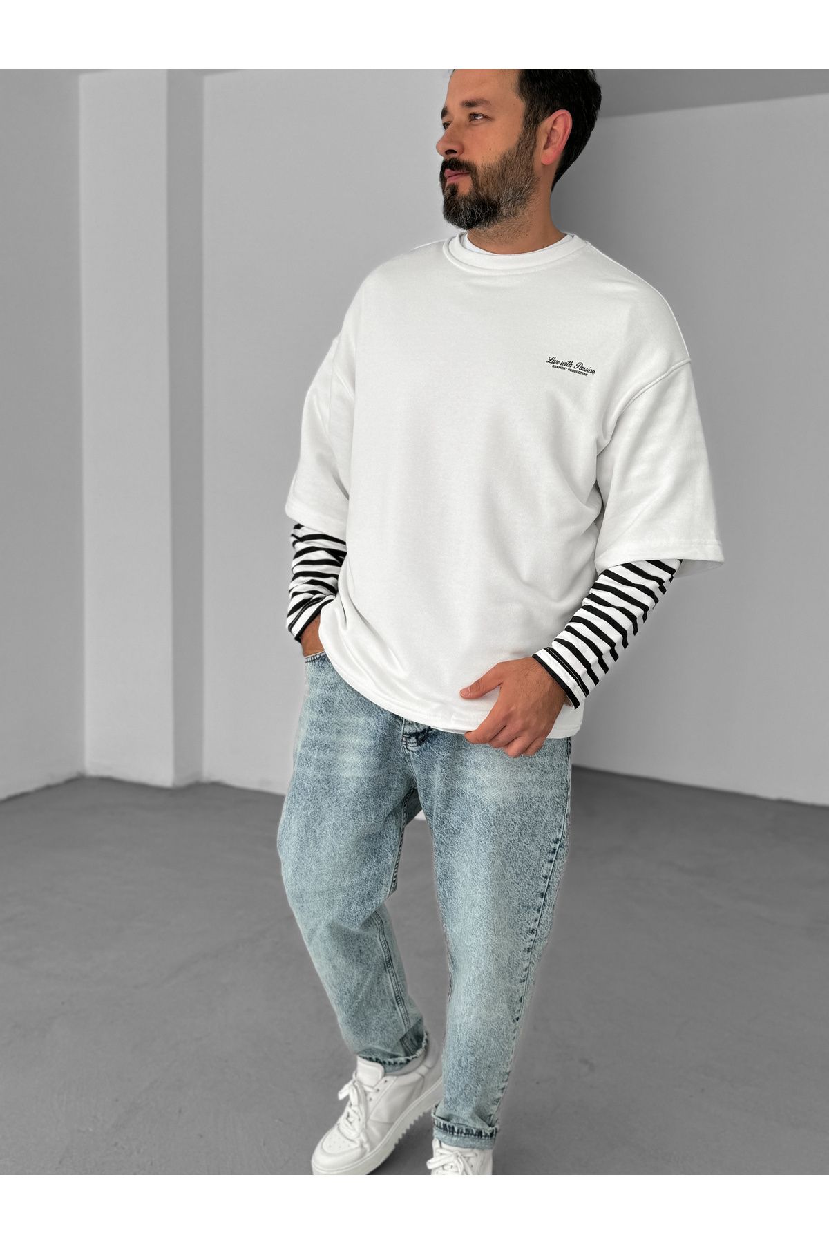 BYBASICMAN-White Sleeve Striped Piece Sweatshirt V-10-16 4