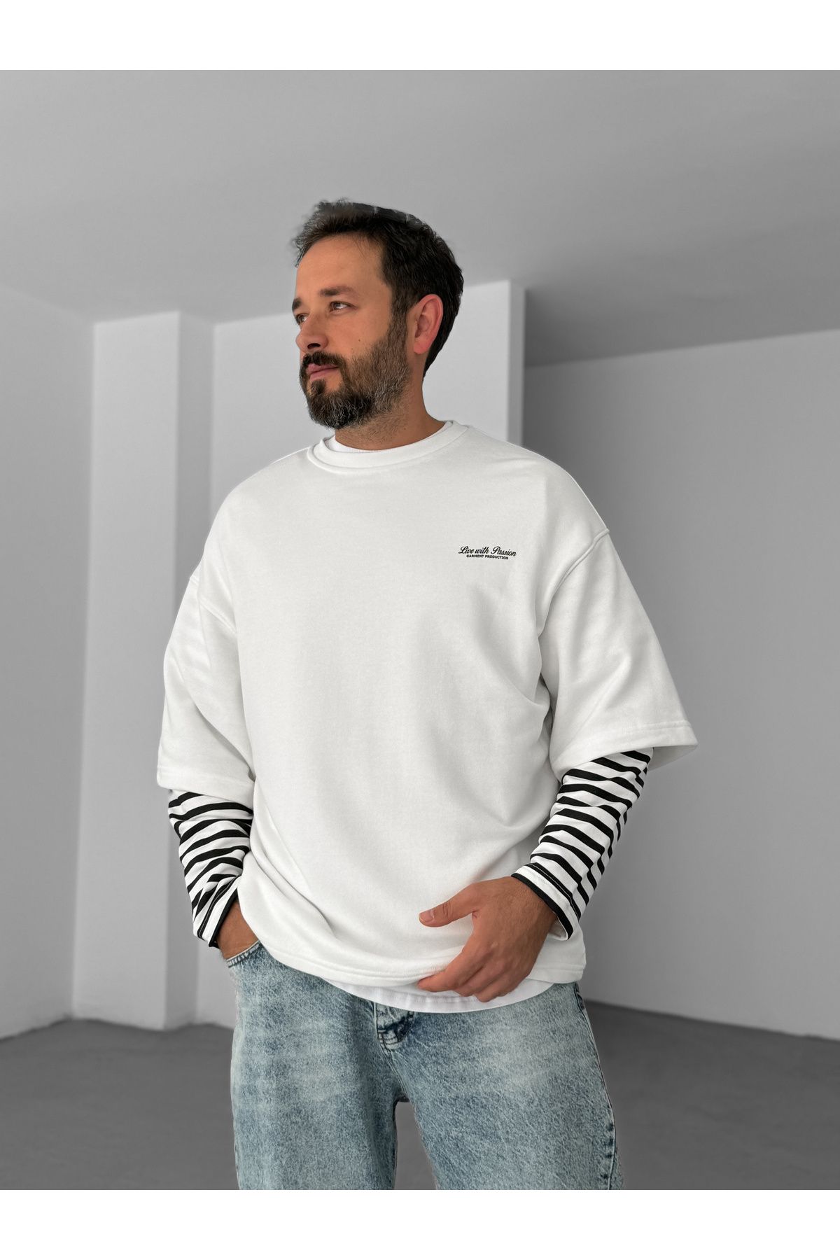 BYBASICMAN-White Sleeve Striped Piece Sweatshirt V-10-16 5