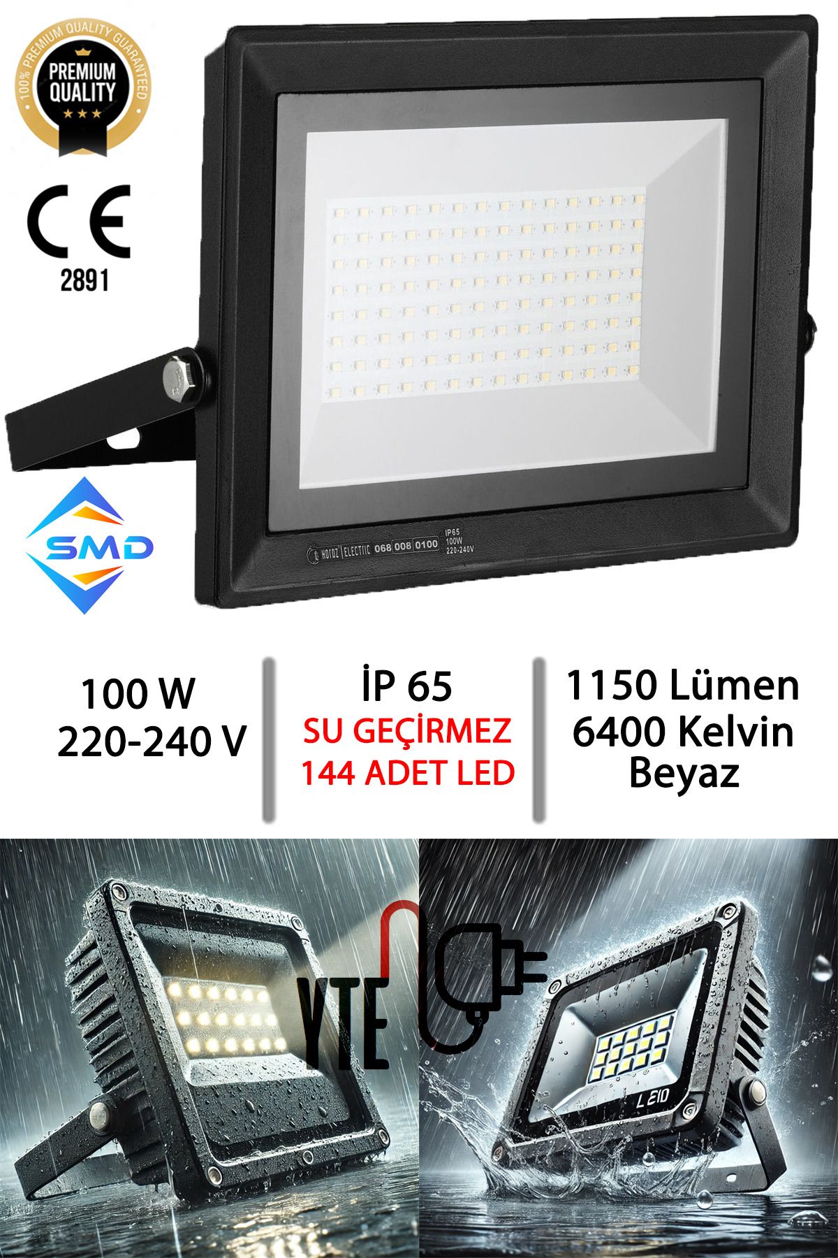 LED Projektör 100 W İP 65 Su-Toz Geçirmez 11550 LM SMD LED  Yüksek Işık Beyaz 6400K PARS-100