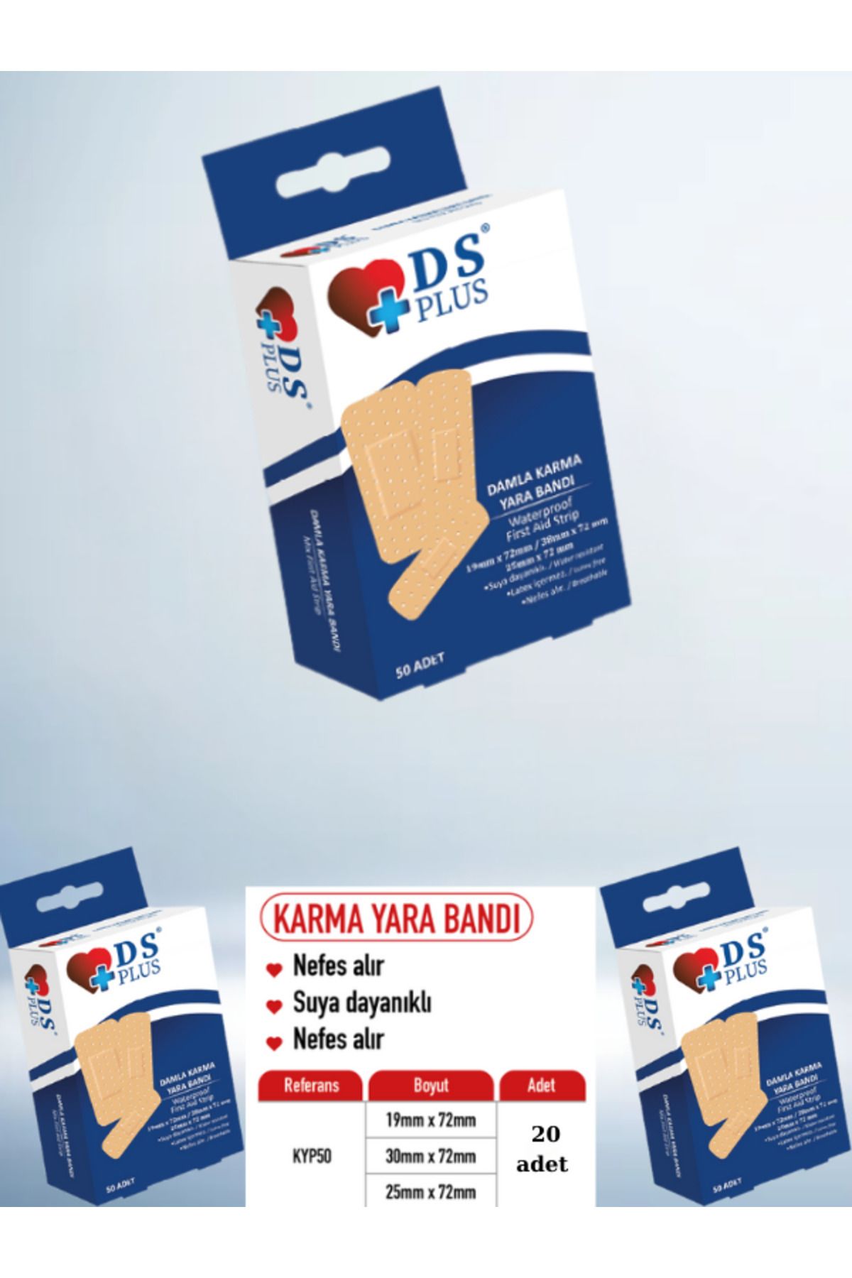 DS Sağlık Yara Bandı KARMA Mix First Aid Strip (19mm x 72 mm)-(25mmx72mm)-(38mmx38) toplam 20 ADET