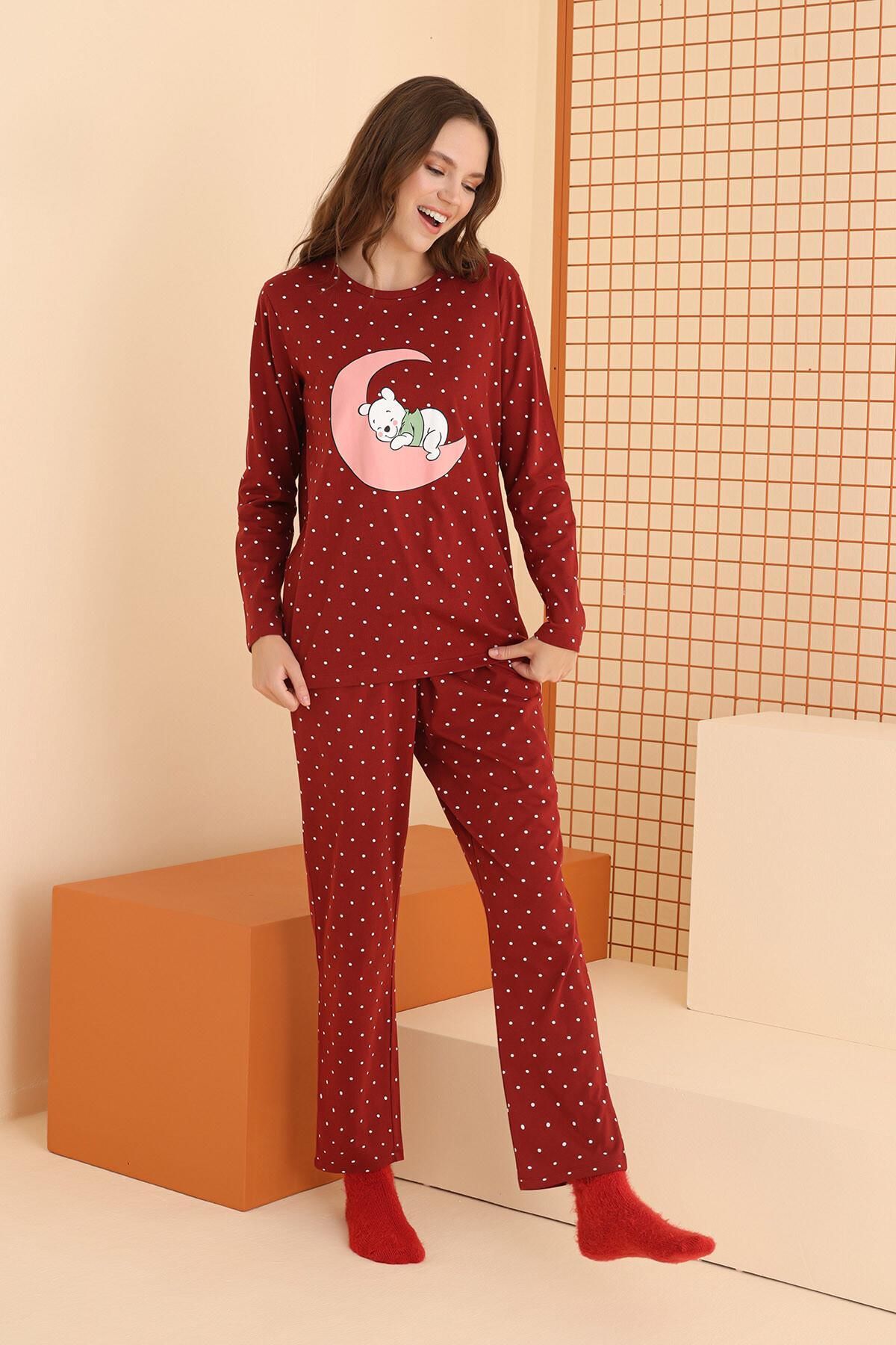 NBB Kadın %100 Pamuklu Penye Pijama Takım, Winnie Pooh ve Ay Resimli