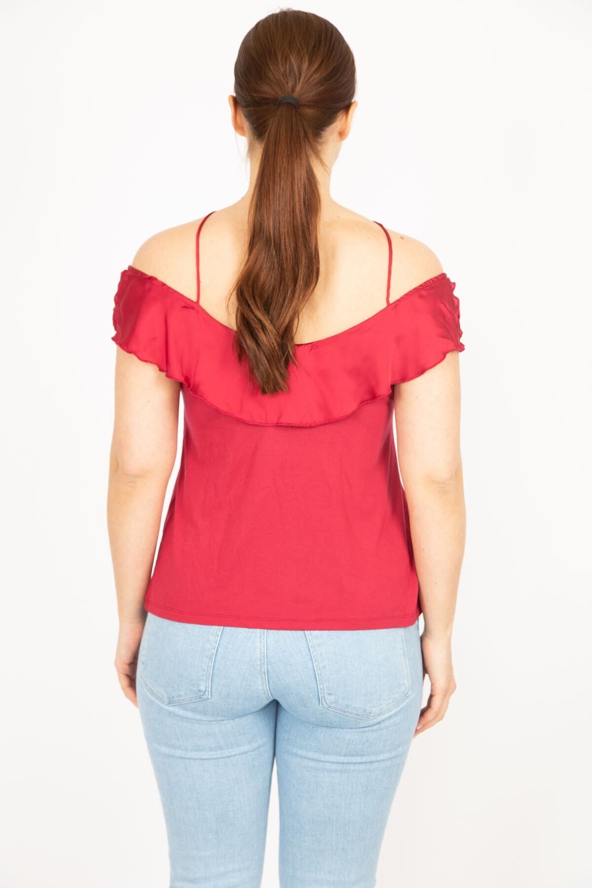 Şans-Women's Claret Red Plus Size Cross Strap Collar Flounce Blouse 65n35919 4