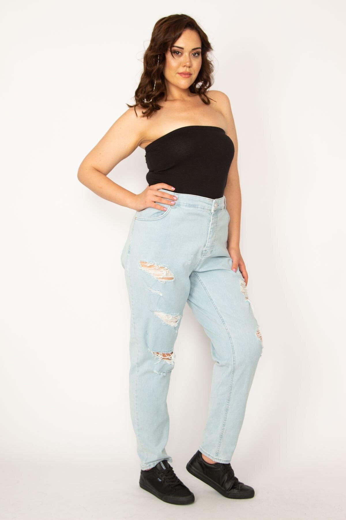 Şans-Γυναικείο μεγάλου μεγέθους Μπλε Washed Effect Ripped Detailed Jeans 65n33945 3