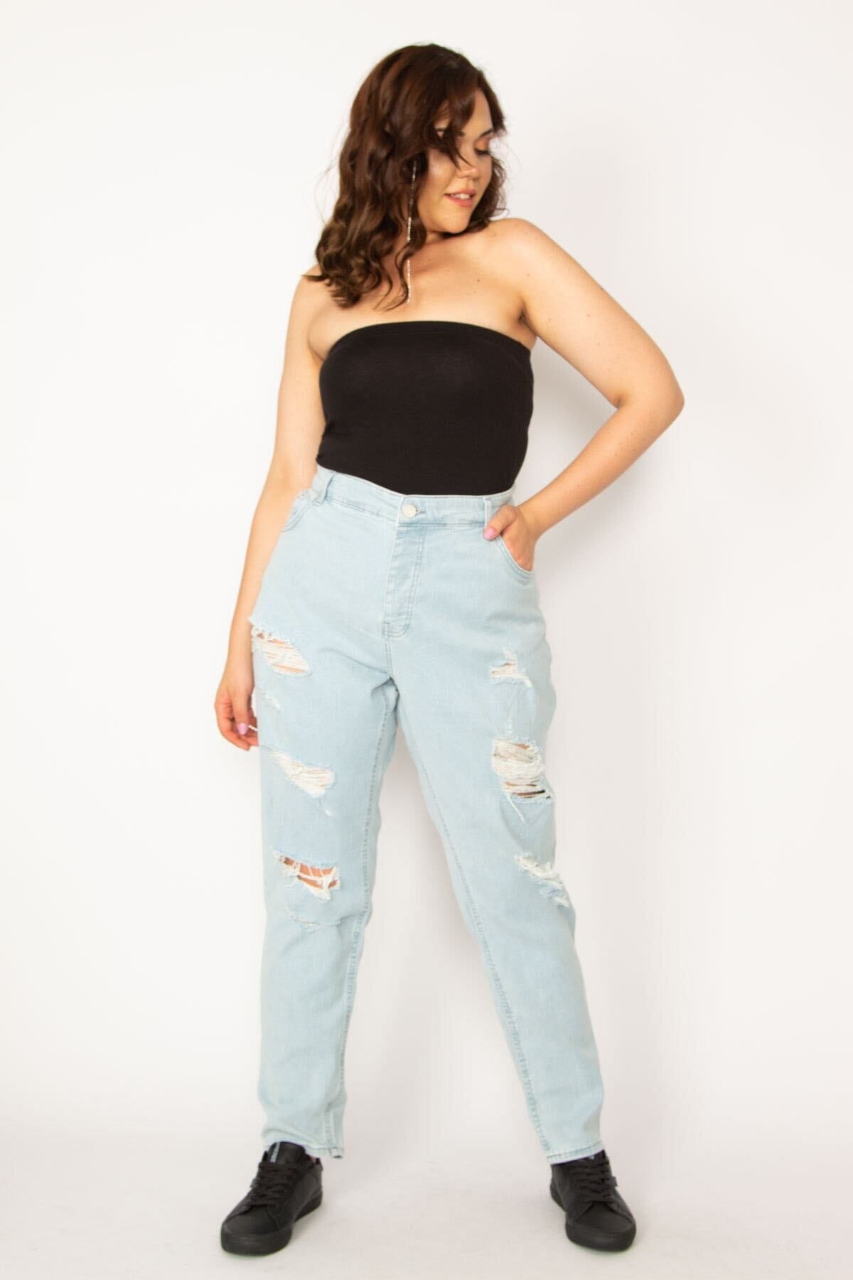 Şans-Γυναικείο μεγάλου μεγέθους Μπλε Washed Effect Ripped Detailed Jeans 65n33945 6