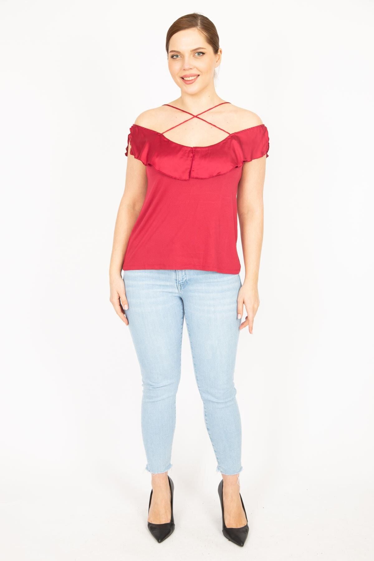 Şans-Women's Claret Red Plus Size Cross Strap Collar Flounce Blouse 65n35919 6