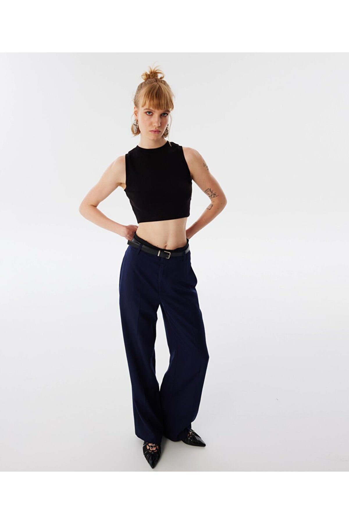 Twist-Mix Fabric Belted Trousers 1