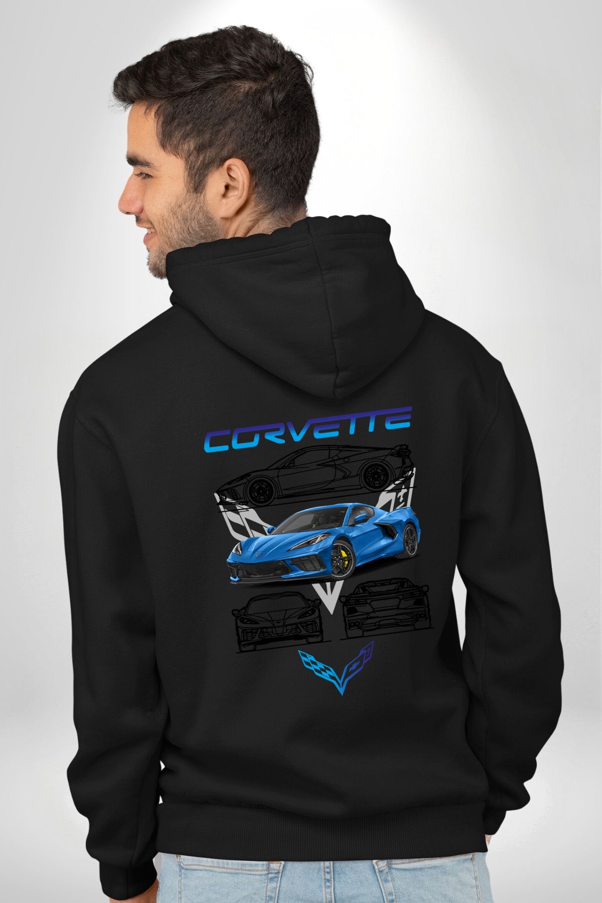 Angemiel-سويت شيرت أسود بغطاء للرأس للرجال والنساء من Chevrolet Corvette Stingray - مطبوع بجيب خلفي 5