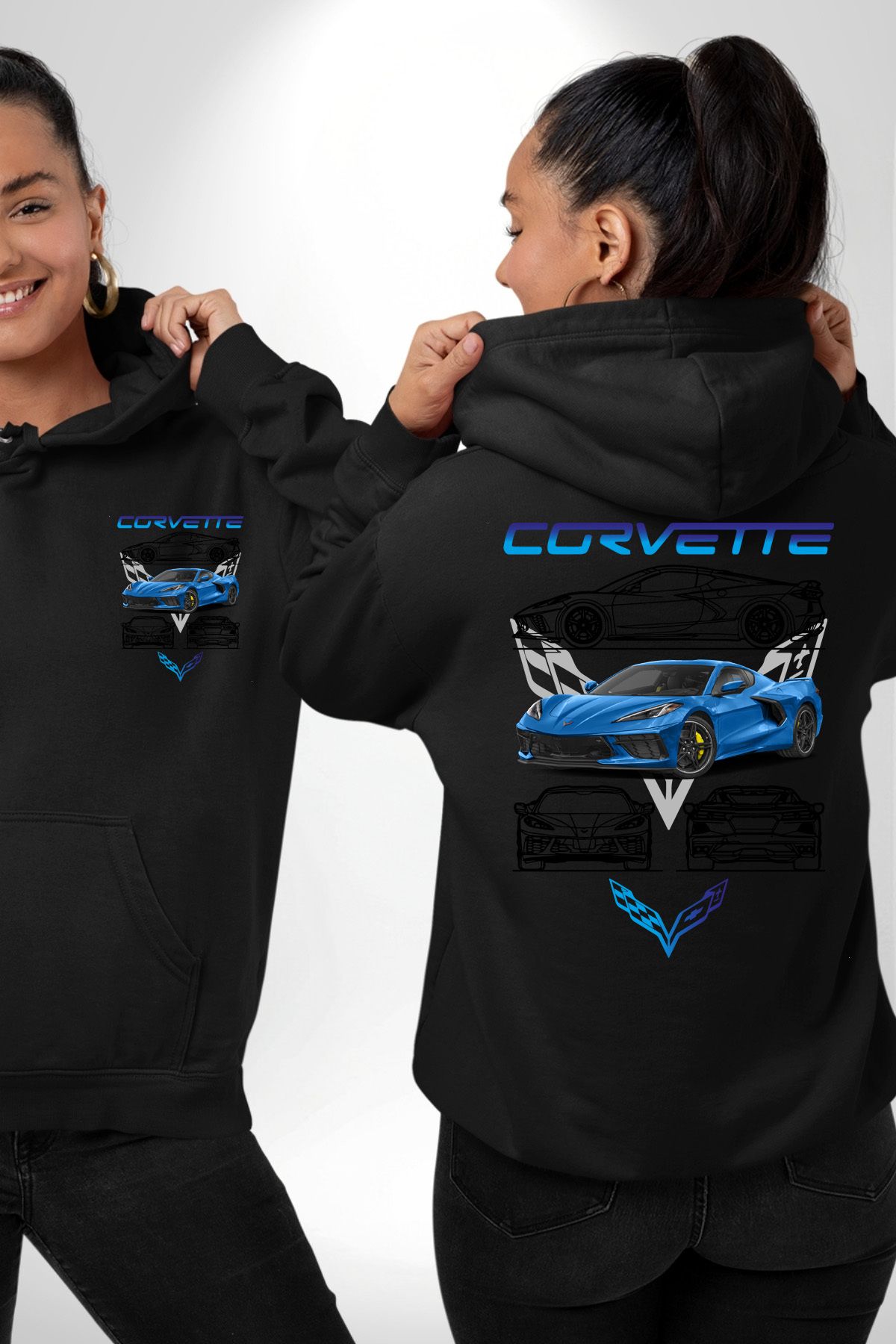 Angemiel-سويت شيرت أسود بغطاء للرأس للرجال والنساء من Chevrolet Corvette Stingray - مطبوع بجيب خلفي 1