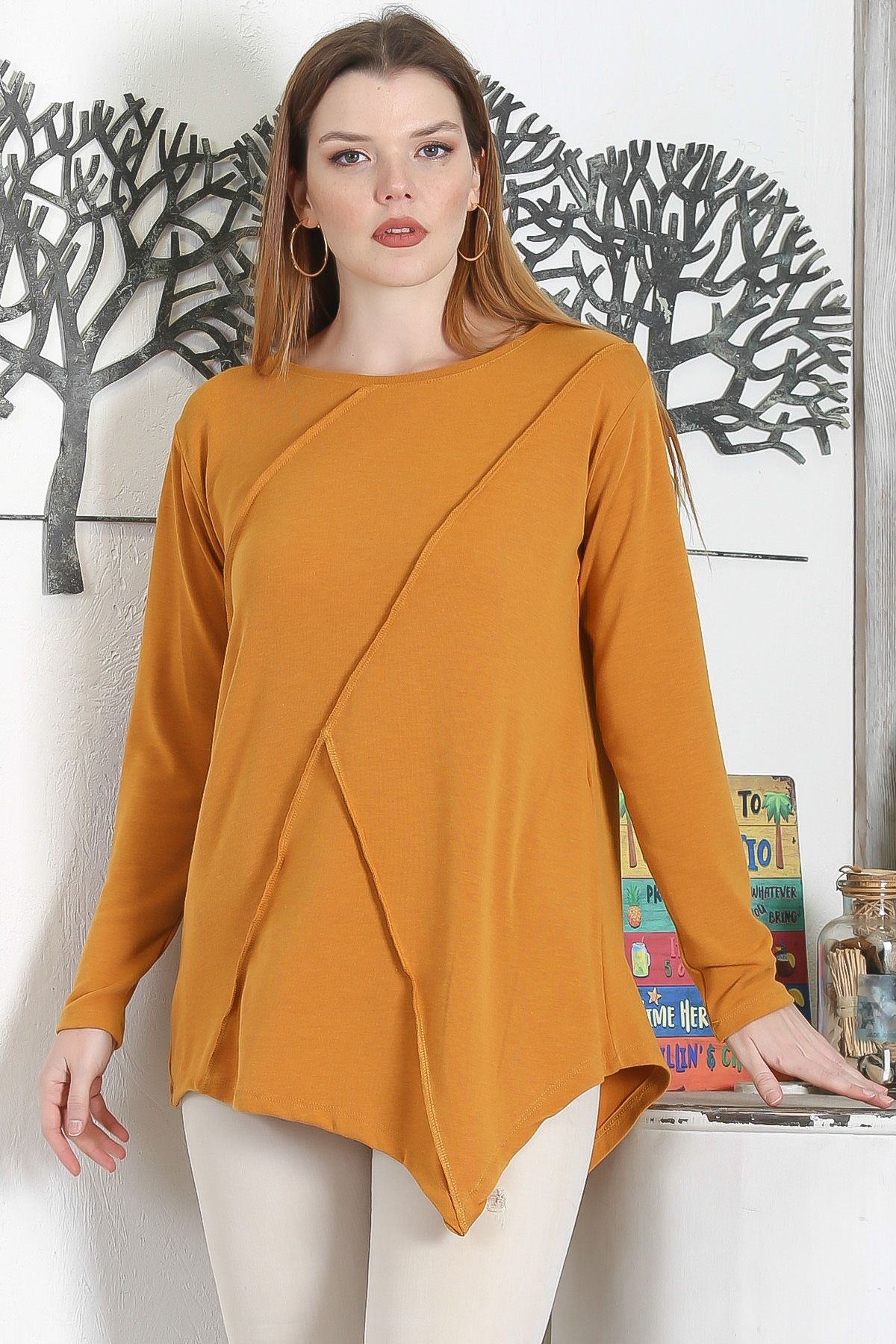 Chiccy-Mustard Color Boat Neck Long Sleeve Casual Asymmetrical Knitted Blouse 2