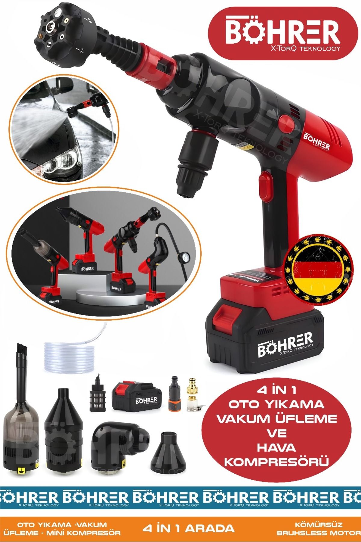 BÖHRER ALMAN 4 MAKİNE 1 ARADA ÇİFT AKÜLÜ OTO YIKAMA - VAKUM - ÜFLEME VE MİNİ KOMPRESÖR LASTİK ŞİŞİRME