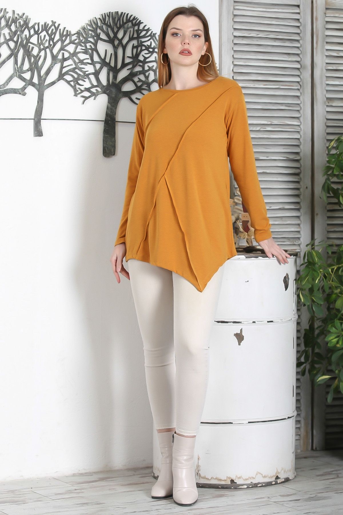 Chiccy-Mustard Color Boat Neck Long Sleeve Casual Asymmetrical Knitted Blouse 7