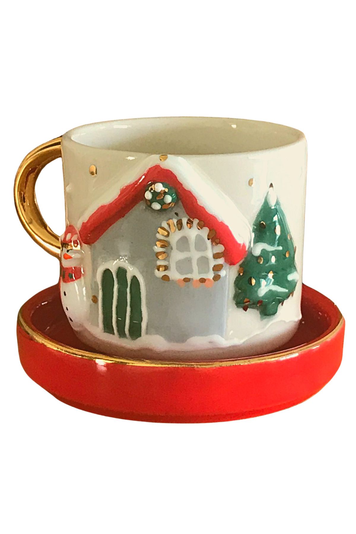 SeraSelin-24 Carat Gold Embroidered Christmas New Year House Embossed, Handmade 160 Ml Mug Ene160 1