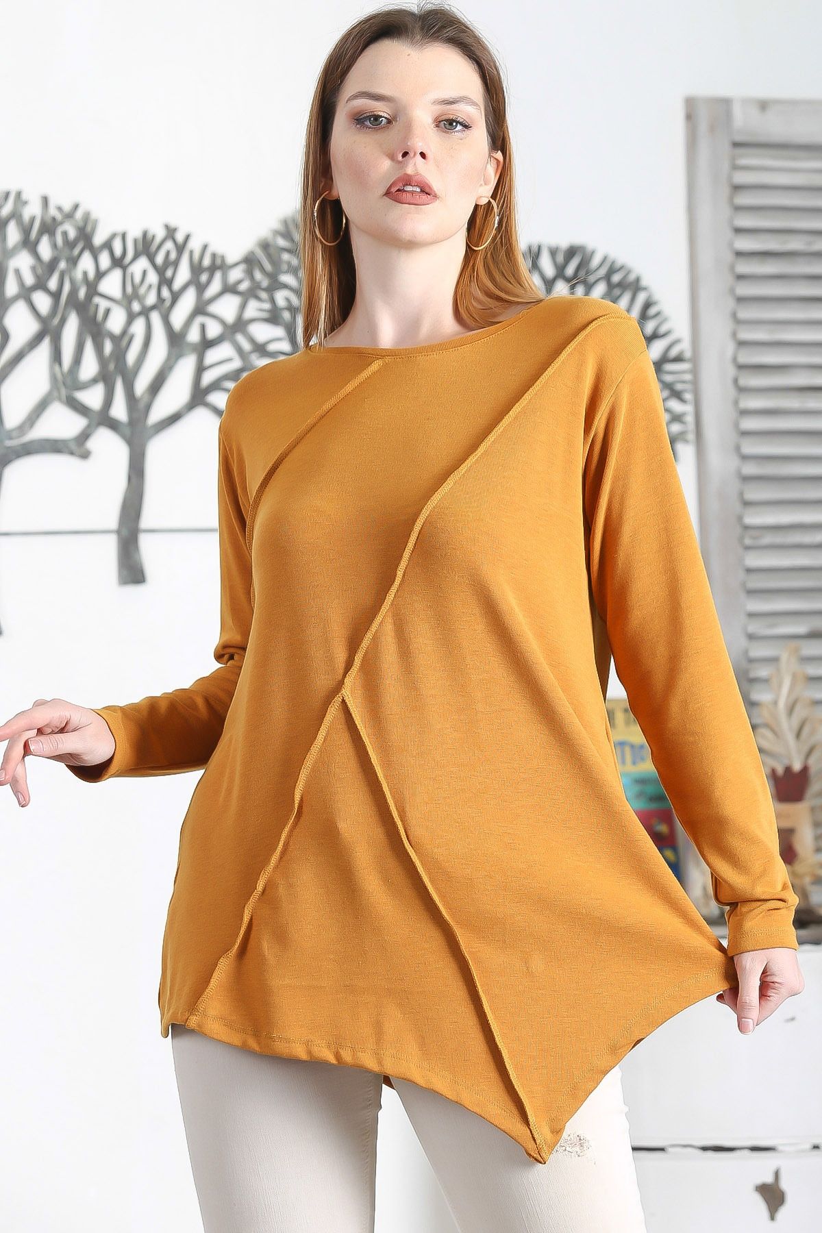 Chiccy-Mustard Color Boat Neck Long Sleeve Casual Asymmetrical Knitted Blouse 1