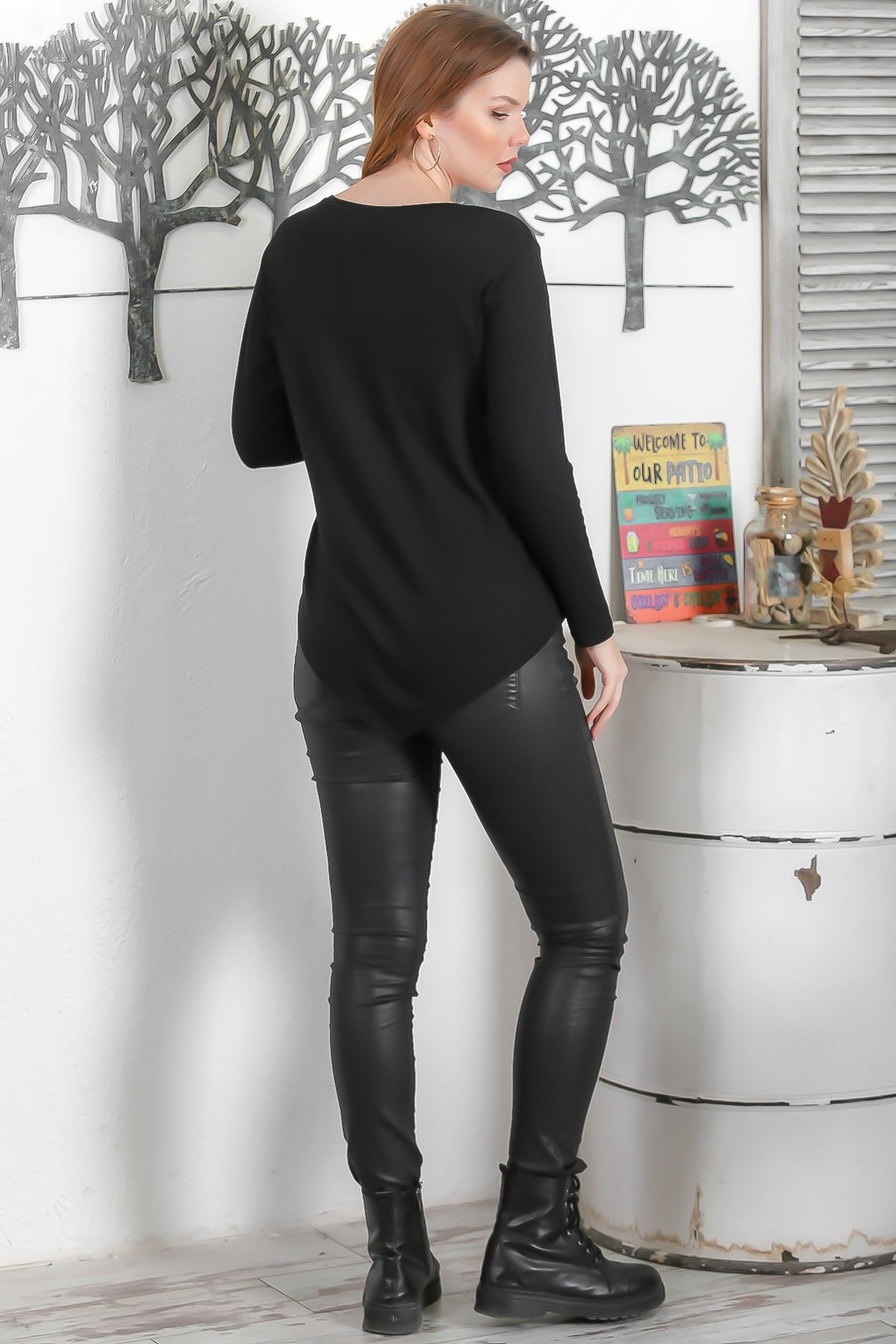 Chiccy-Black Round Neck Long Sleeve Leopard Print Tulle Casual Asymmetrical Knitted Blouse 8