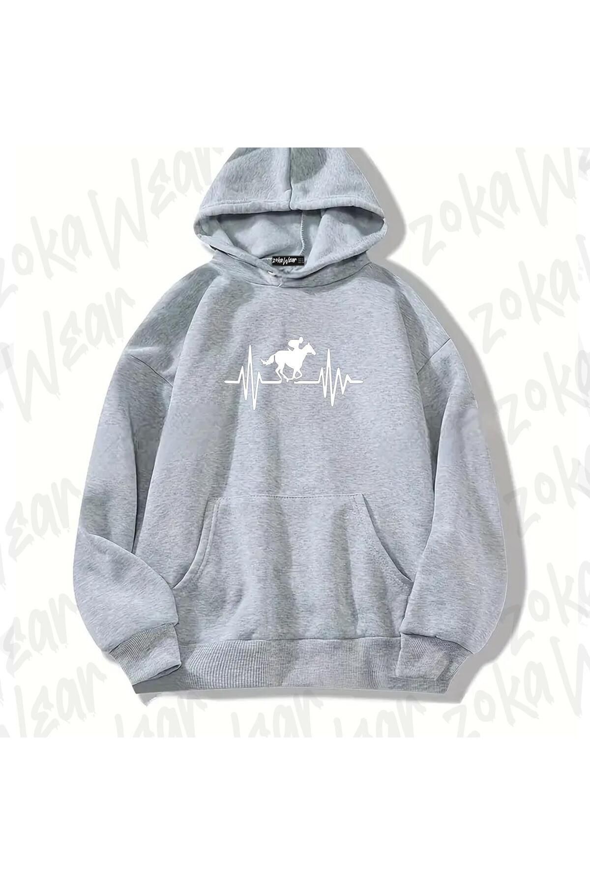 ZOKAWEAR Gri At Yarışı Horse Race Tasarım Baskılı Kapşonlu Sweatshirt