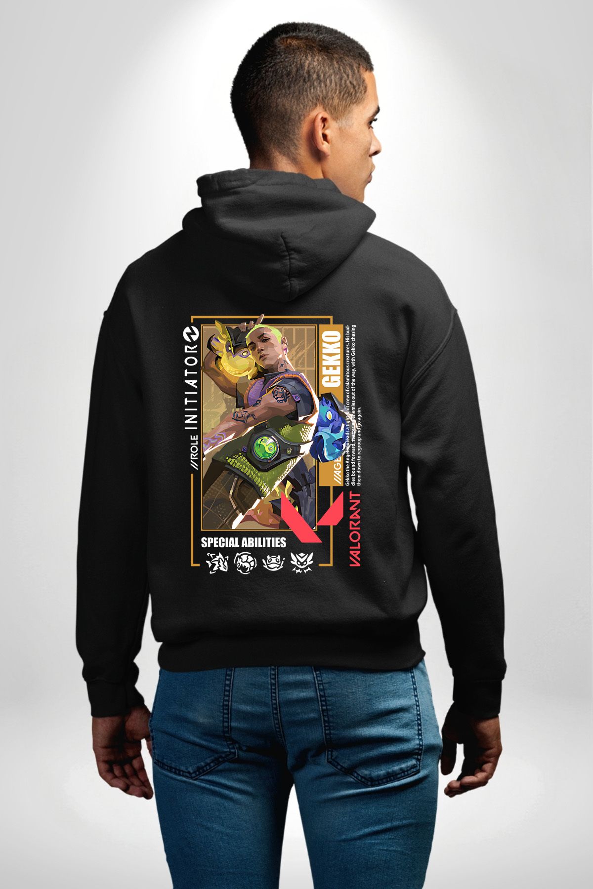 Angemiel-Valorant Gekko Agent Game Character Features Black Hooded Pocket Back Printed Sweatshirt Unisex 4