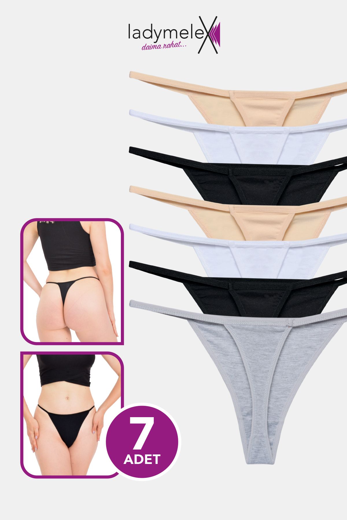 LadyMelex Kadın Tanga, Perfect Fall G String Tanga (S-M-L-XL) 7 Adet Gri Siyah Beyaz Ten, %100 Yumuşak Pamuk