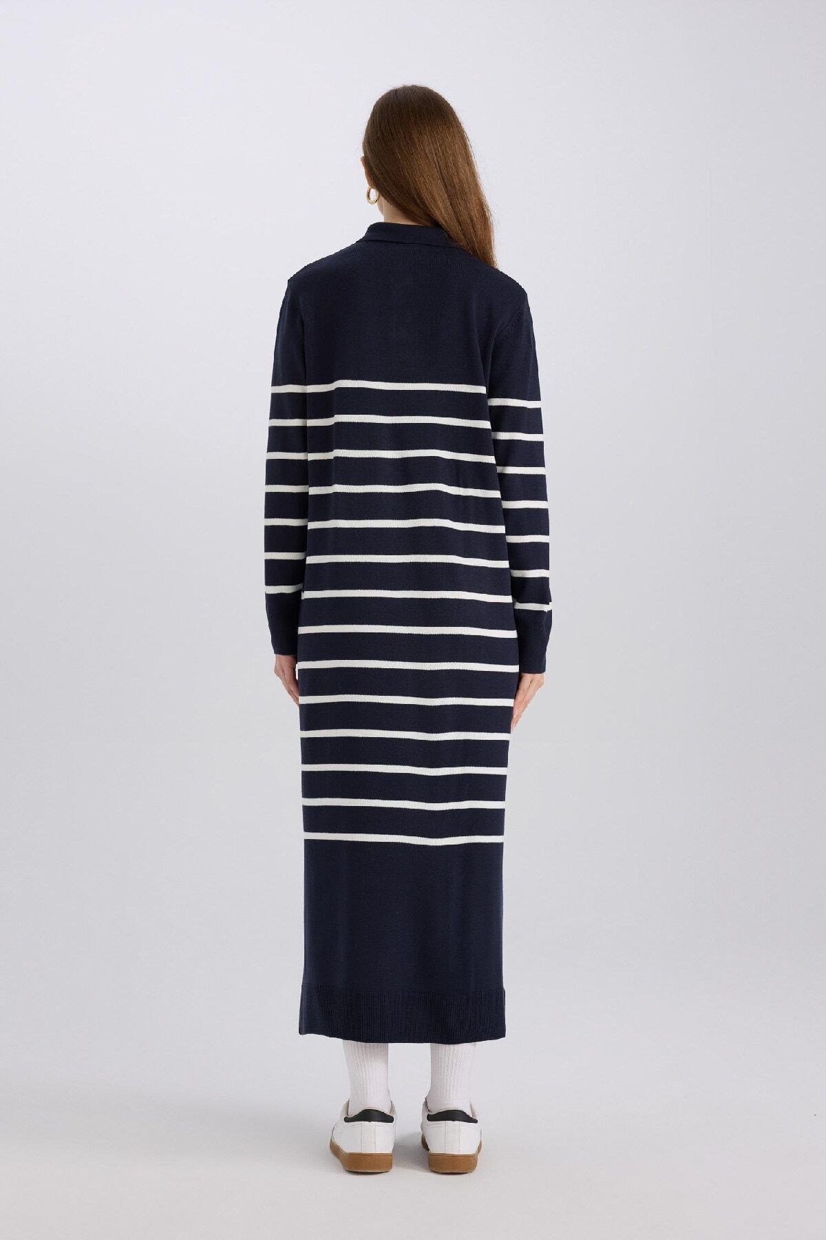 DeFacto-Regular Fit Polo Collar Striped Maxi Knitwear Dress A9801Ax24Wn 5