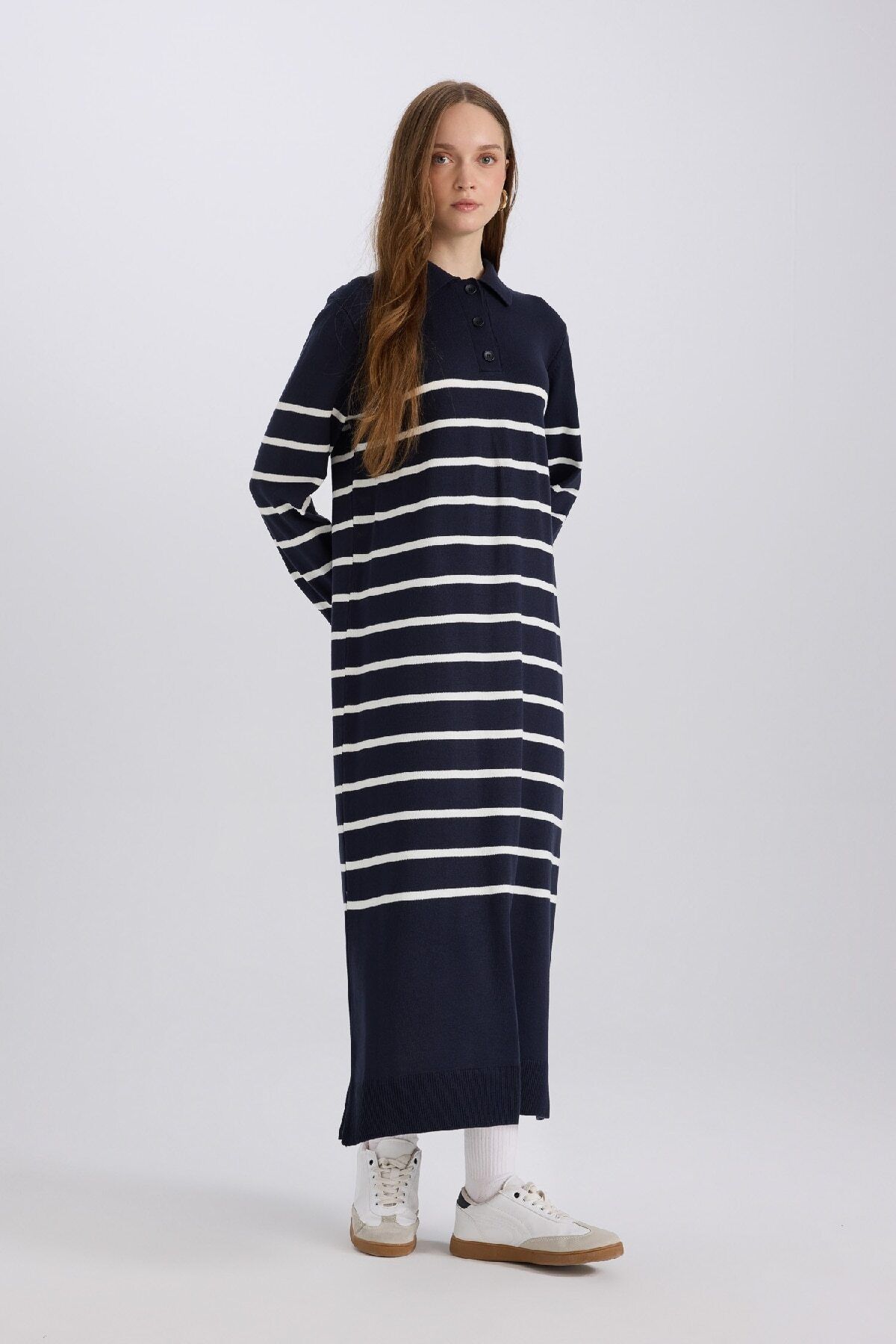 DeFacto-Regular Fit Polo Collar Striped Maxi Knitwear Dress A9801Ax24Wn 3