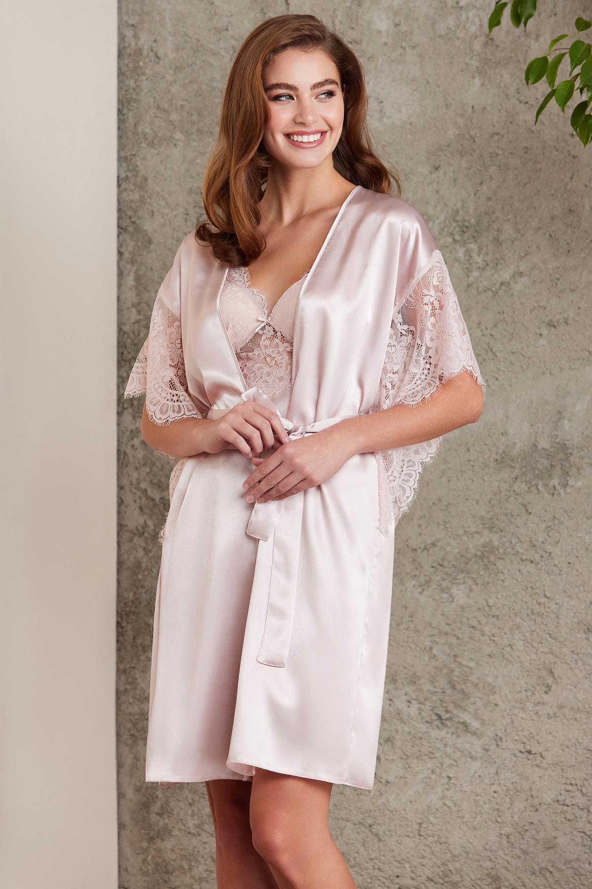 Pierre Cardin Saten Dantelli Kadın Gecelik Ve Sabahlık Takımı - 4490 Pudra