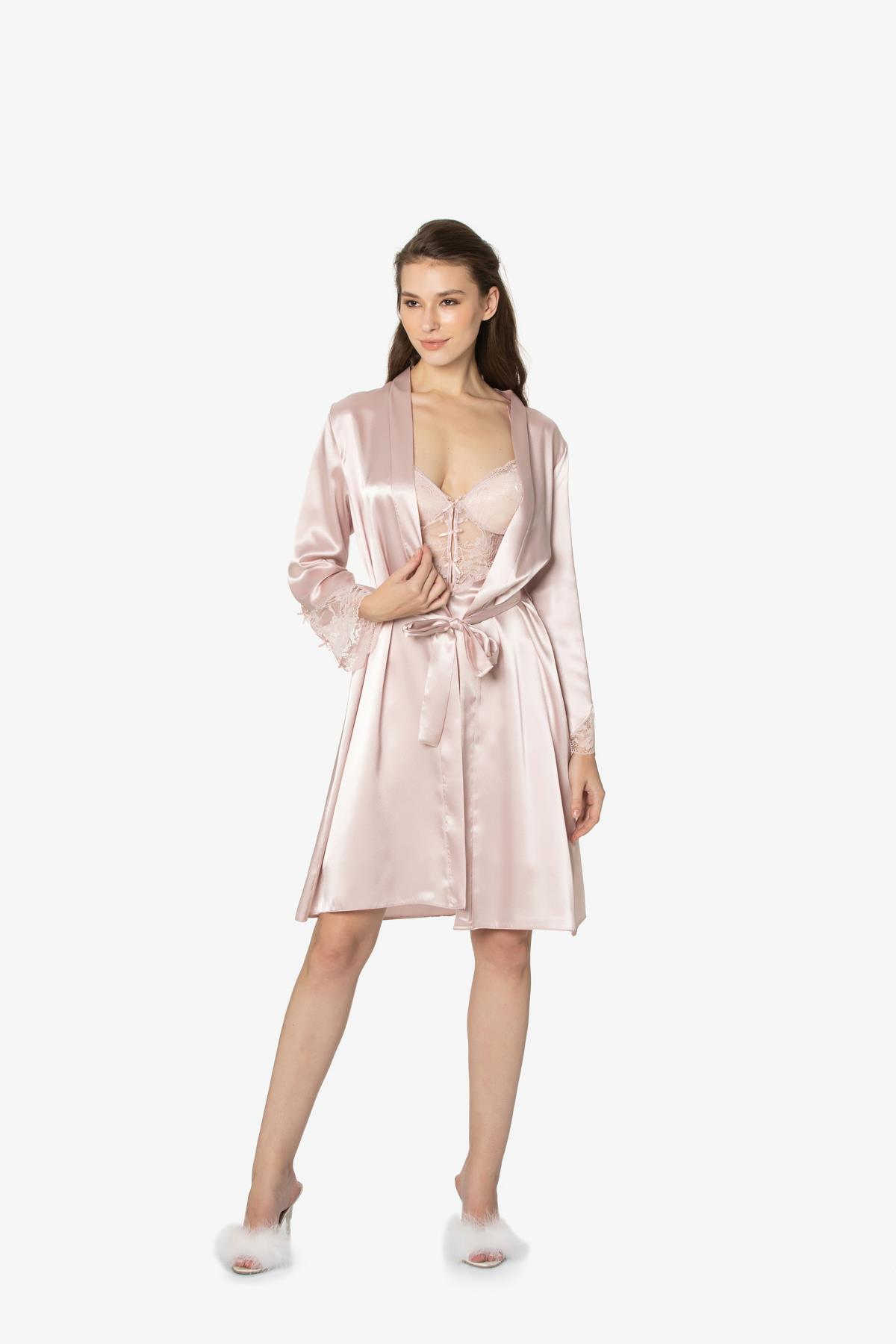 Pierre Cardin Saten Dantelli Gecelik Ve Sabahlık Takımı - 4300